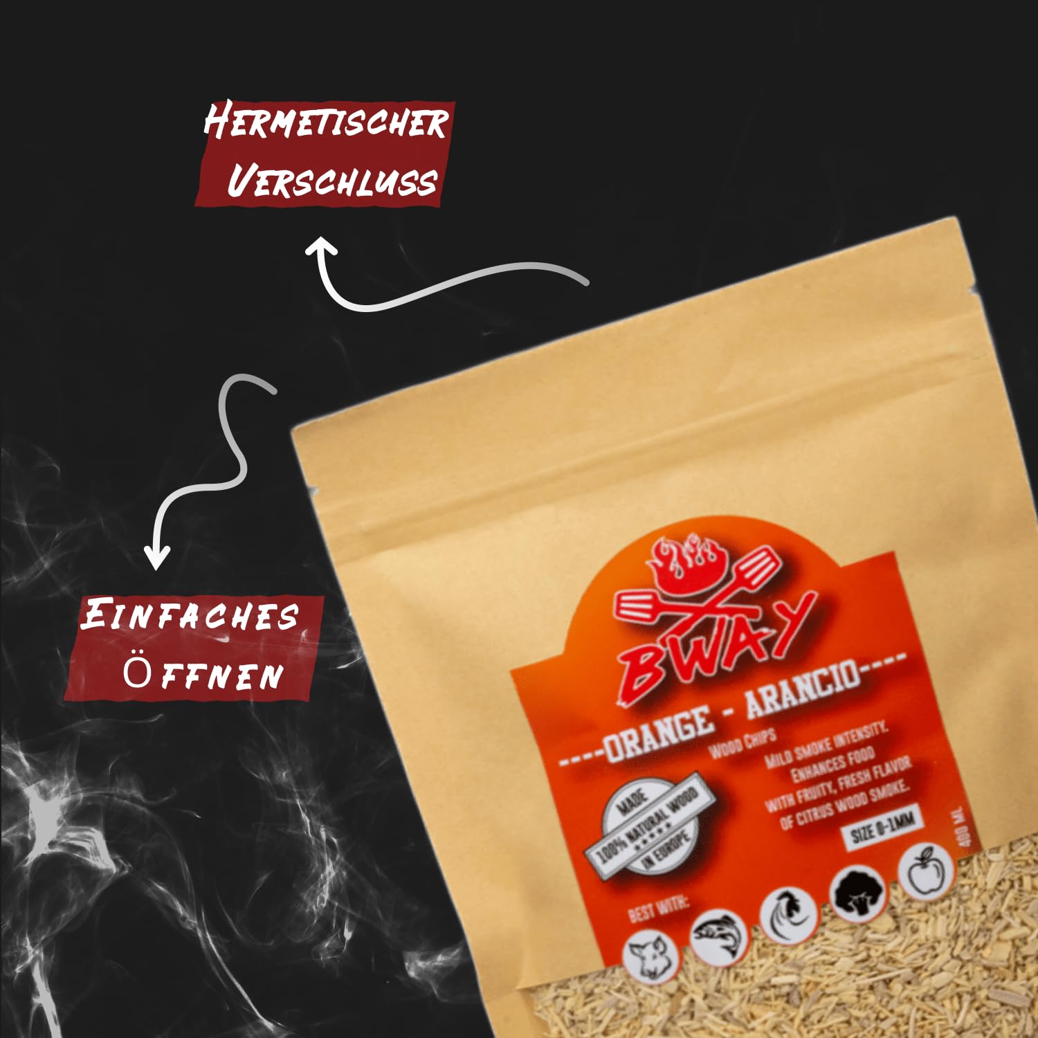 BWAY Räuchermehl Geschmack Olivenholz, Orangenholz, Mandelholz, Zitronenholz, Walnussholz, Eichenholz | Räucherspäne für Räucherofen | Räucherspäne GRATIS eBook mit 20 Rezepten (6 × 400 ml)