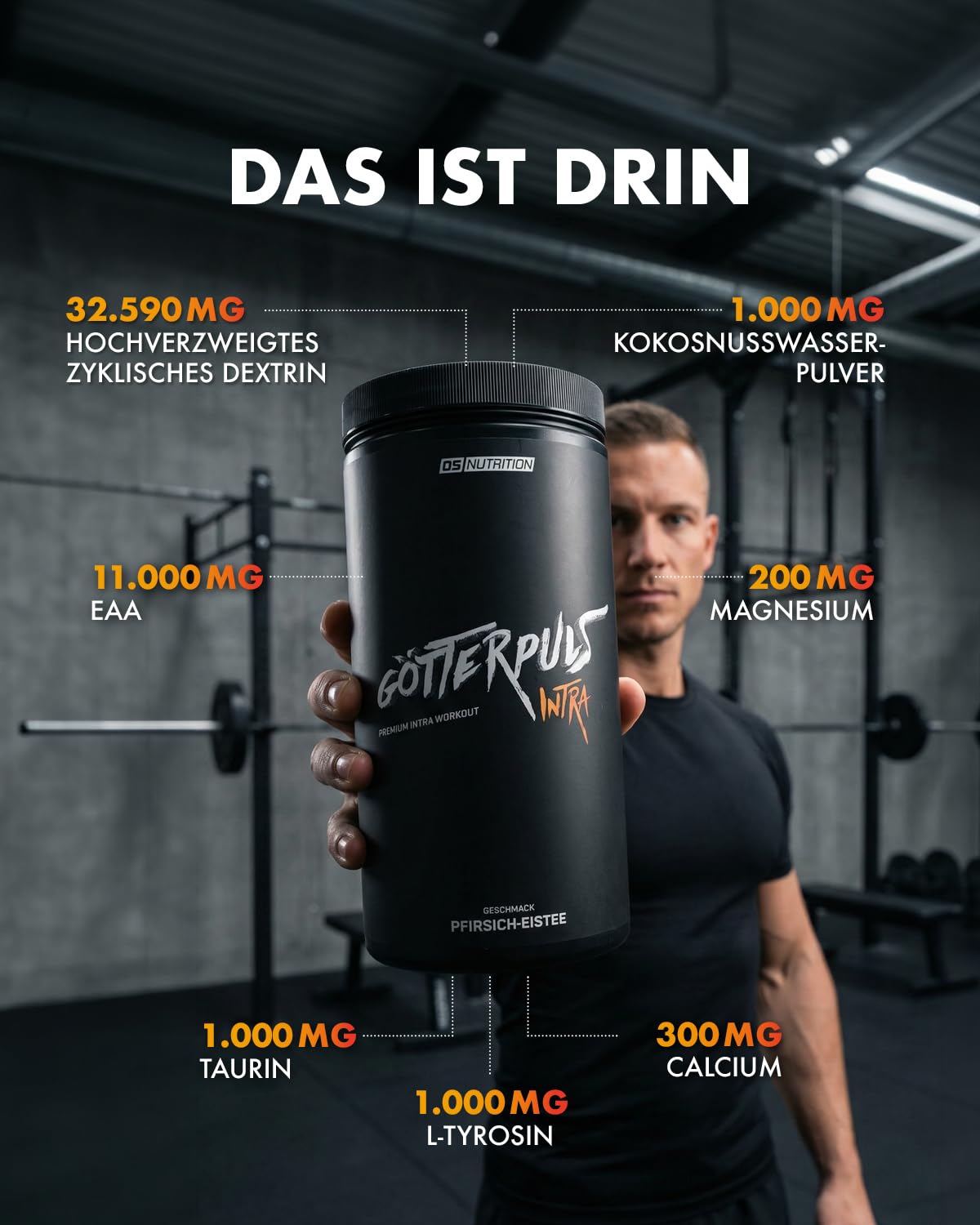 Götterpuls Intra Workout 1.060g Pulver Pfirsich-Eistee | Mit Cluster Dextrin, EAA & Aminosäuren – Mit Elektrolyten & Kokosnusswasserpulver – Vegan – Für Kraftsport – 20 Portionen