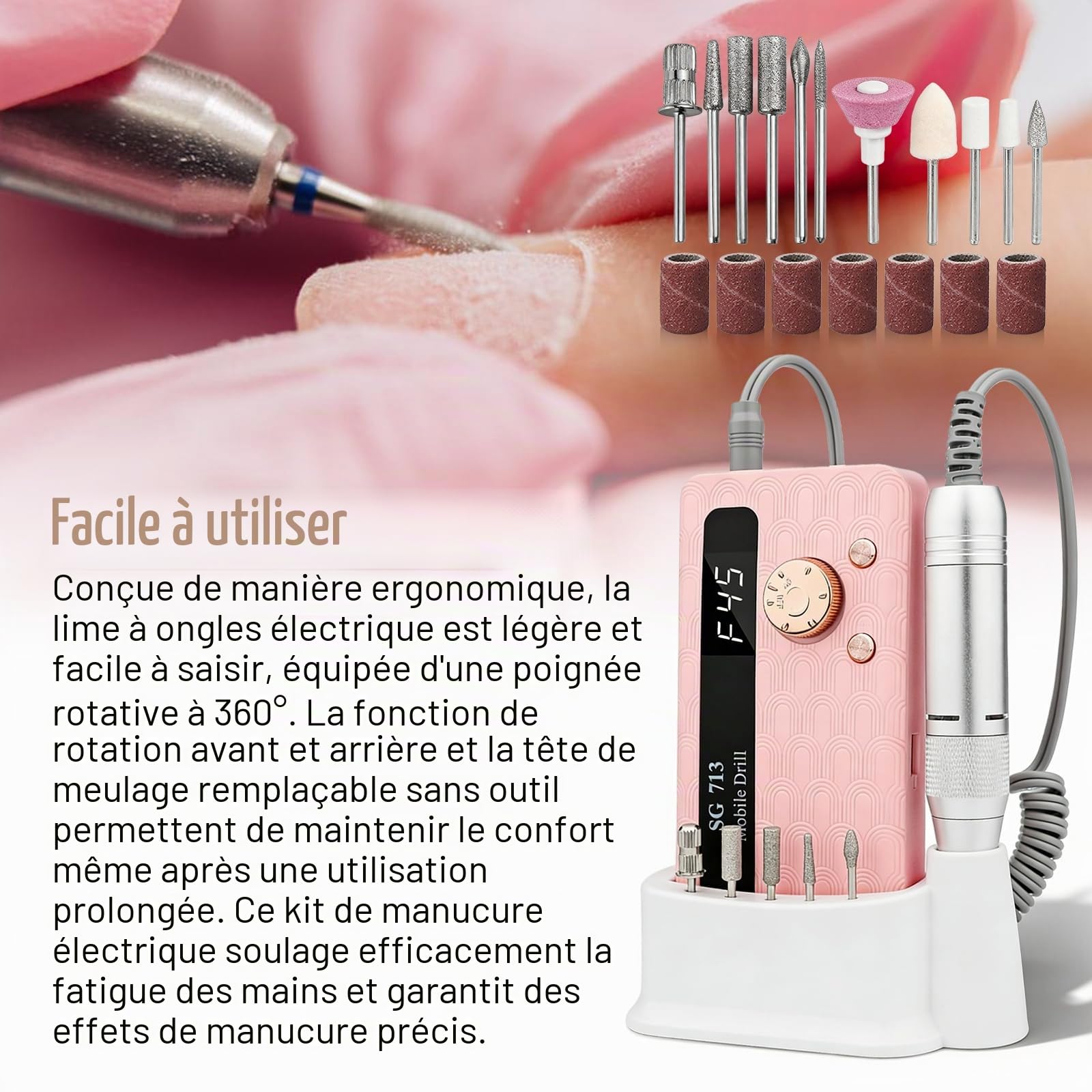 Ponceuse Pour Ongles, Professionnelle Rechargeable 45000 Tr Min, Lime a Ongle Electrique Portable Pour Gel et Acrylique, Ponceuse Ongle Sans Fil Avec Ecran Lcd, pour Salon Ou Maison, Couleur Rose
