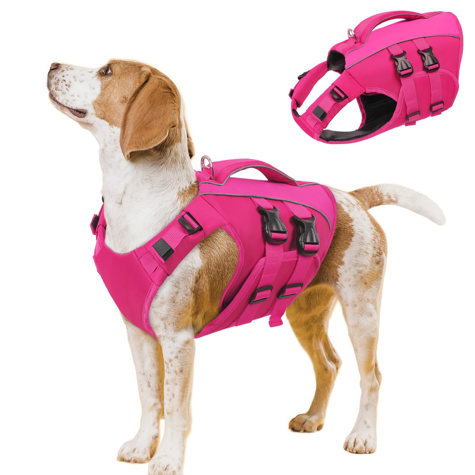 Queenmore Dog Lifejackets Large, Adjustable Dog Life Jacket With Rescue Handle, Reflective Pet Swimming Vest, Ripstop Dog Buoyancy Aid For Dachshund,Sausage Dog,Corgi,French Bulldog (Rose,L)
