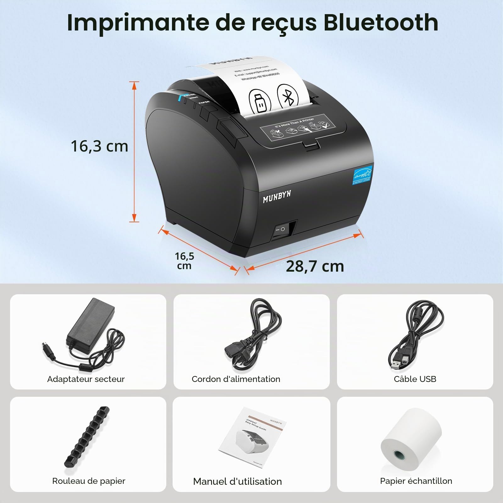MUNBYN iOS Imprimante Thermique Bluetooth MFi 80mm USB Série Ethernet Compatible Android Windows PC Ubereats