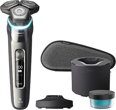 Philips Shaver Series 9000, Wet and Dry Electric, Dark Chrome, with Lift & Cut Shaving System and SkinIQ Technology, Pop-up Trimmer, Cleaning Pod, Charging Stand and Travel Case, Model S9987/55