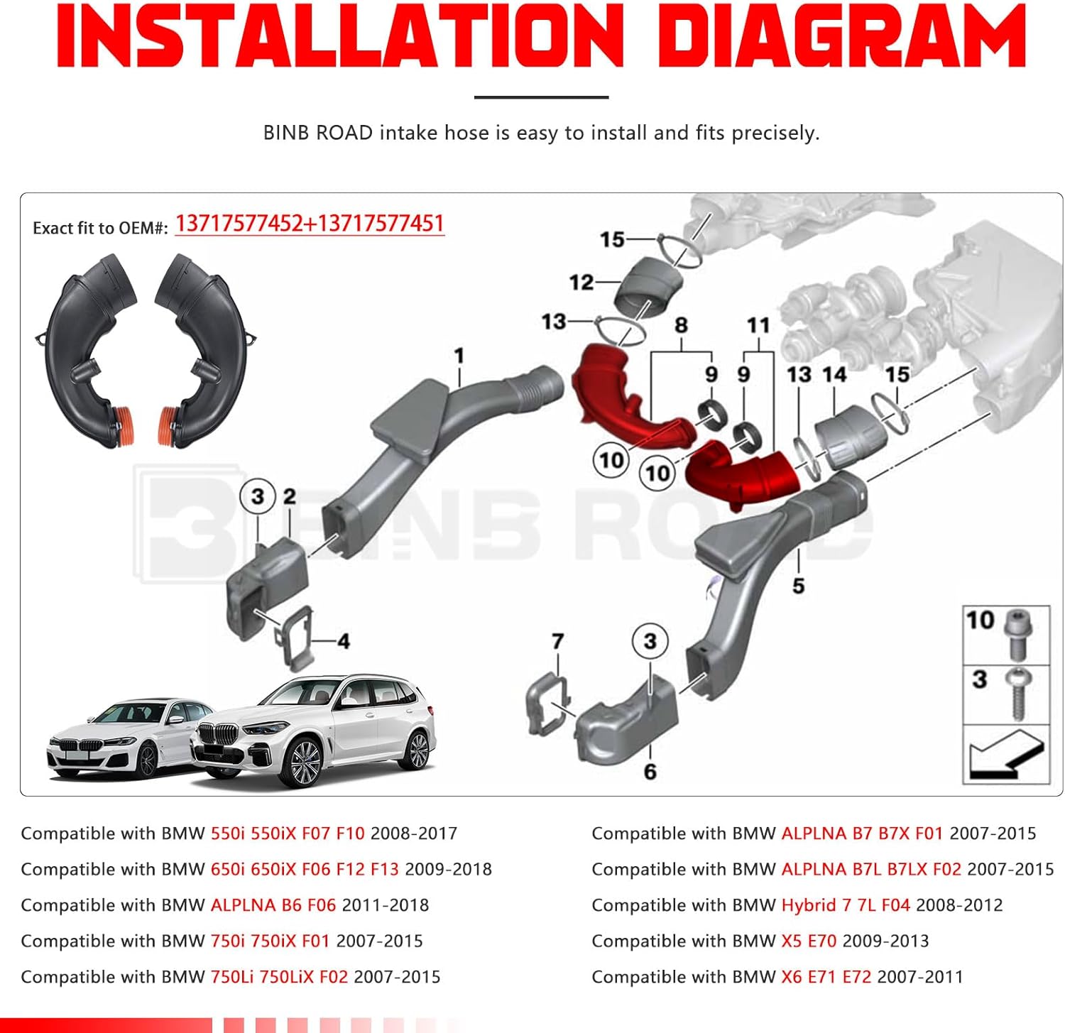 2Pcs Air Intake Duct hose Left and Right 13717577452 + 13717577451 Compatible with BMW X5 X6 E70 E71 F02 F06 F07 F12