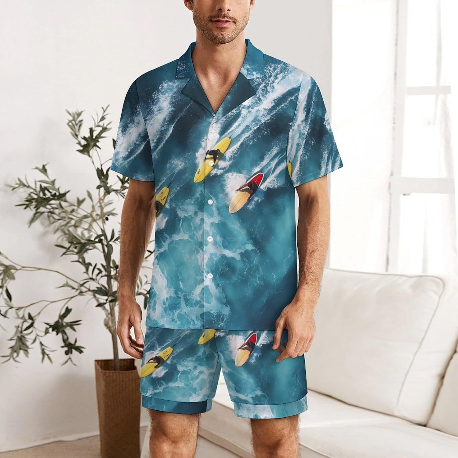Surfers Surfing on Boards Men's Short Sleeve Pajama Set Satin Silk Like Lounge Sleepwear