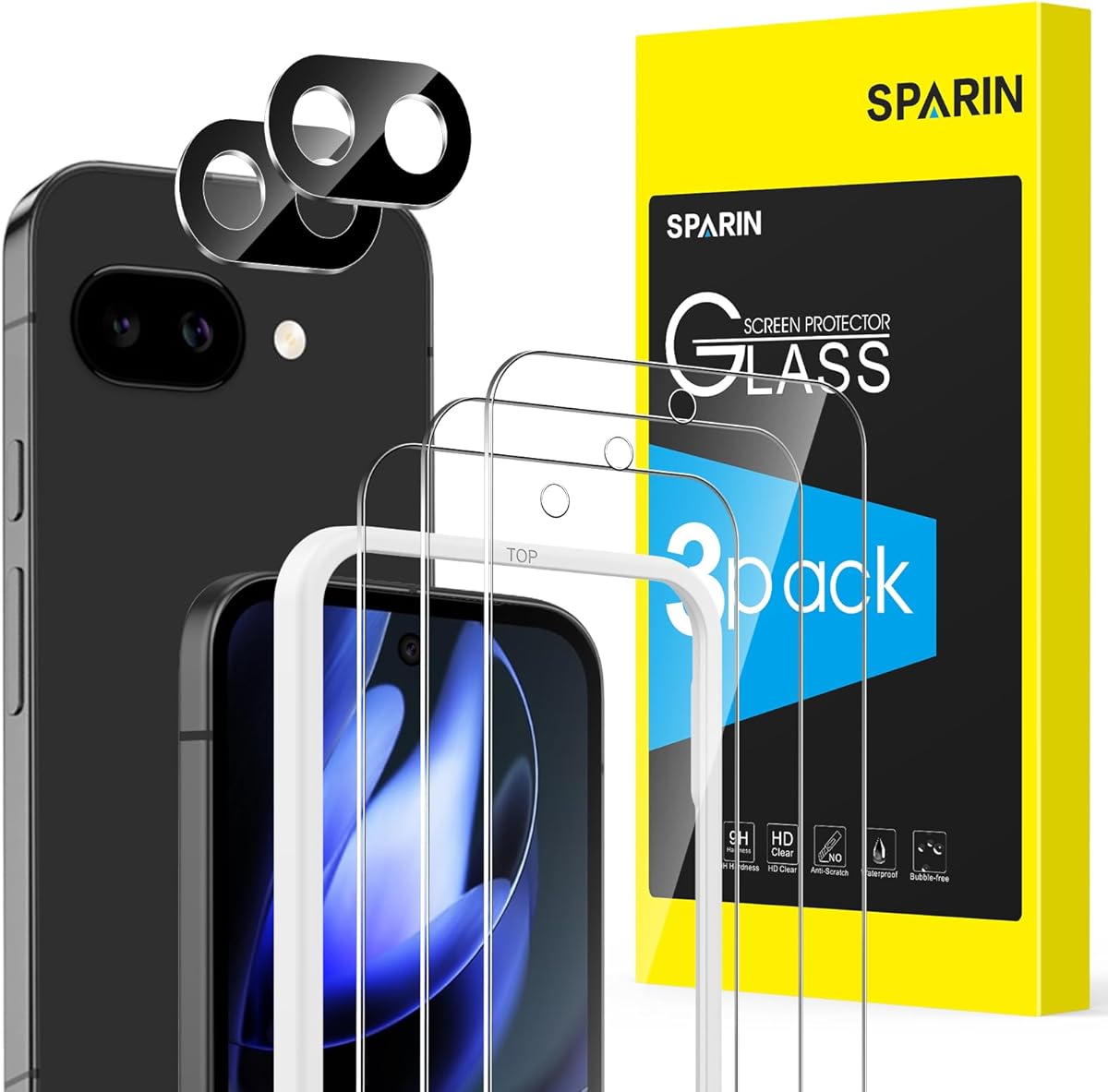 SPARIN Screen Protector for Google Pixel 9A,[3+2 Pack] Pixel 9A 6.3 Inch Tempered Glass & 2-Pack Camera Lens Protector, Case Friendly/Alignment Frame