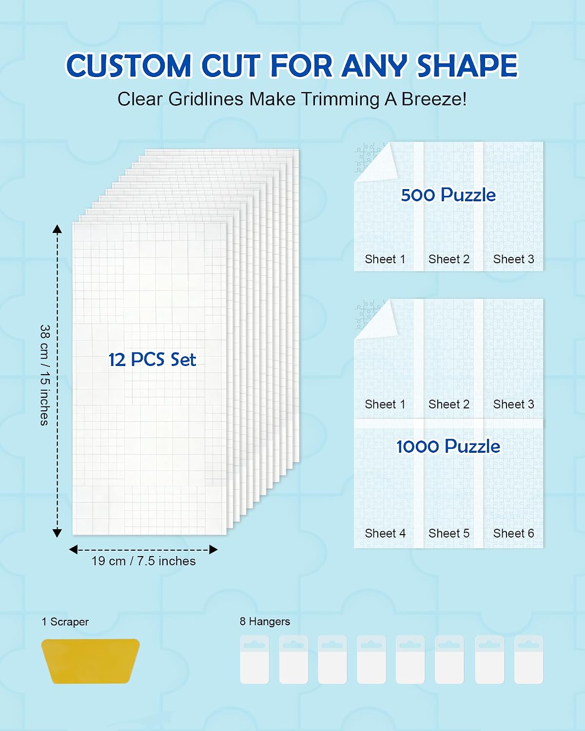 Puzzle Saver Sheets Glue Adhesive - Zero Mess & Bubble Free, Clear Peel and Stick Puzzle Backing 12 Pcs with 1 Scraper 6 Hangers 1 Manual, Tape Preserves 2x1000 Pieces Jigsaw Games for Wall Decor