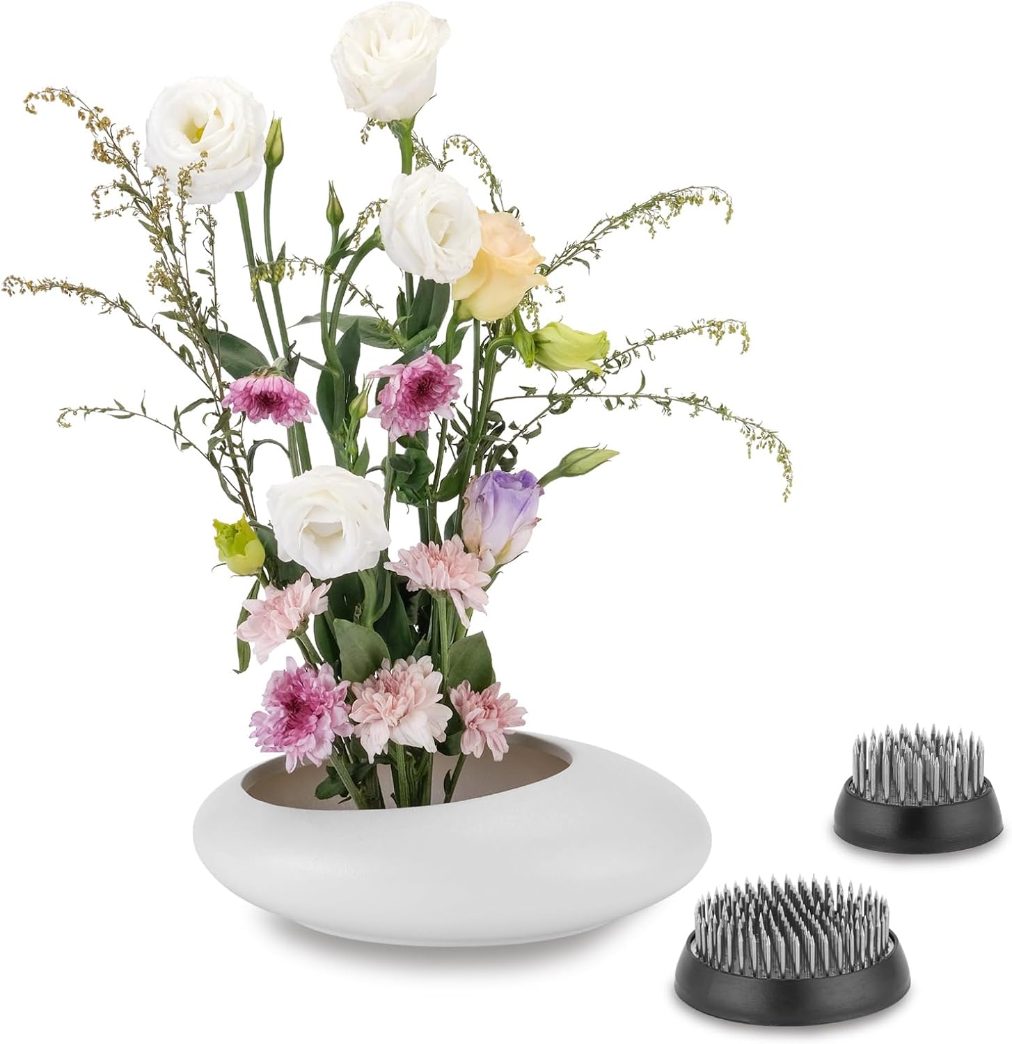 8 Inch Ikebana Vase with Flower Frog Black Ceramic Bowl Vases with Gold Stem Holder and Kenzan Straightener Japanese Pebble Shaped Floral Arrangement Bowl for Home Decor