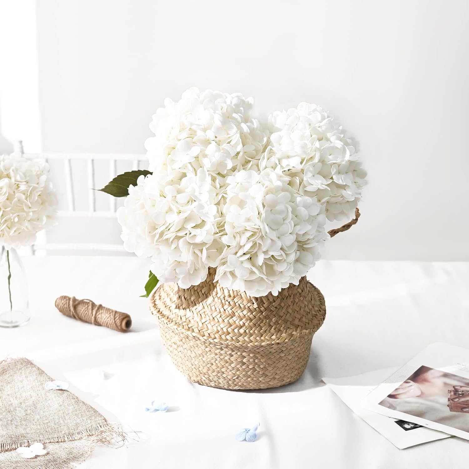 Artflower 8Pcs Real Touch Hydrangea Artificial Flowers, 22.5'' White Full Latex Faux Hydrangea Flowers for Home Floral Arrangements Wedding Bouquets Kitchen Table Centerpiece Decorations