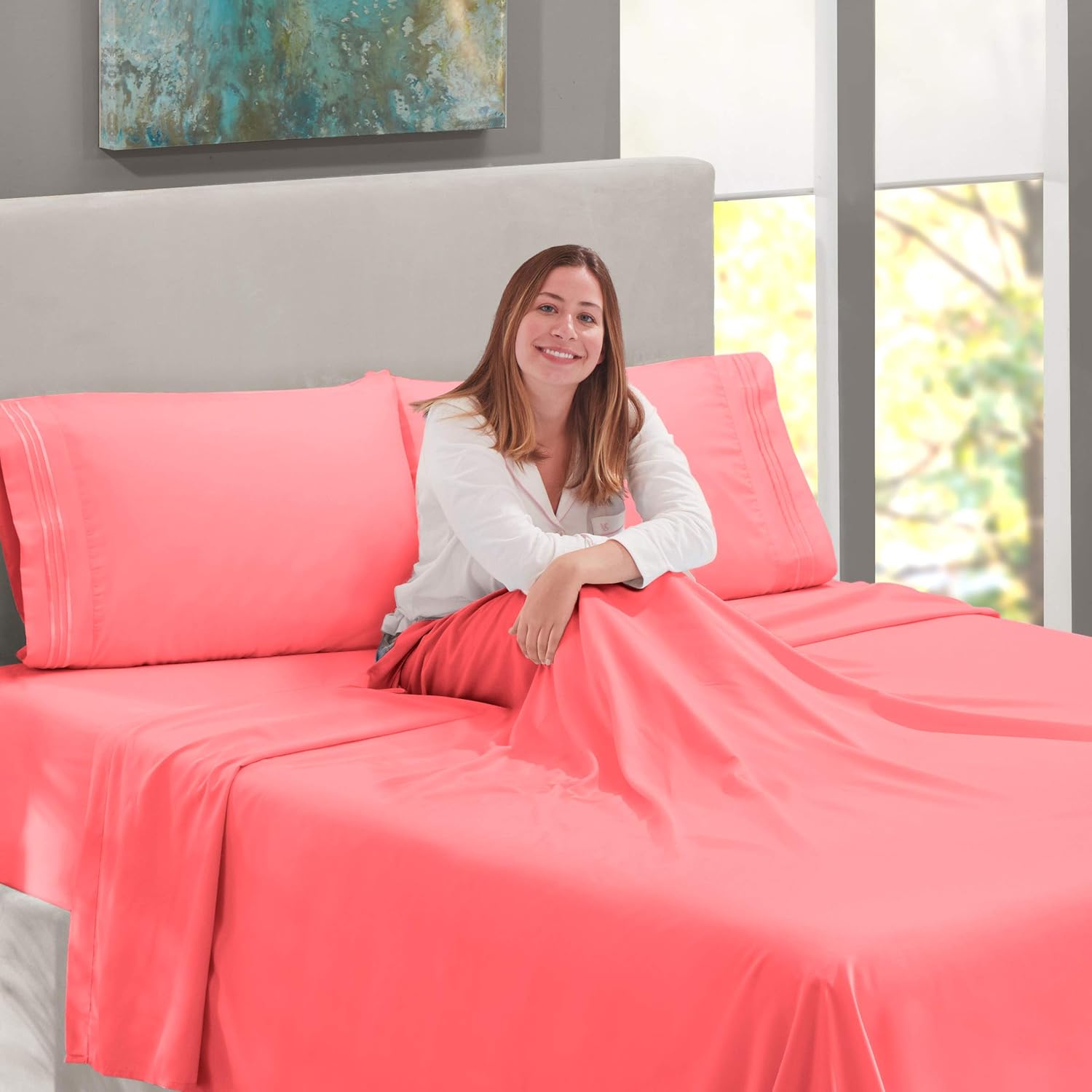 Nestl Bedding 5 Piece Sheet Set - 1800 Deep Pocket Bed Sheet Set - Hotel Luxury Double Brushed Microfiber Sheets - Deep Pocket Fitted Sheet, Flat Sheet, Pillow Cases, Split Cal King - Coral Pink