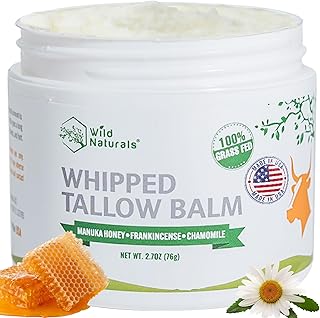 Wild Naturals Whipped Tallow Honey Balm, Grass-Fed Beef Tallow Balm for Skin with Manuka Honey & Shea Butter, Thick & Unscented for Dry, Sensitive, & Reactive Skin