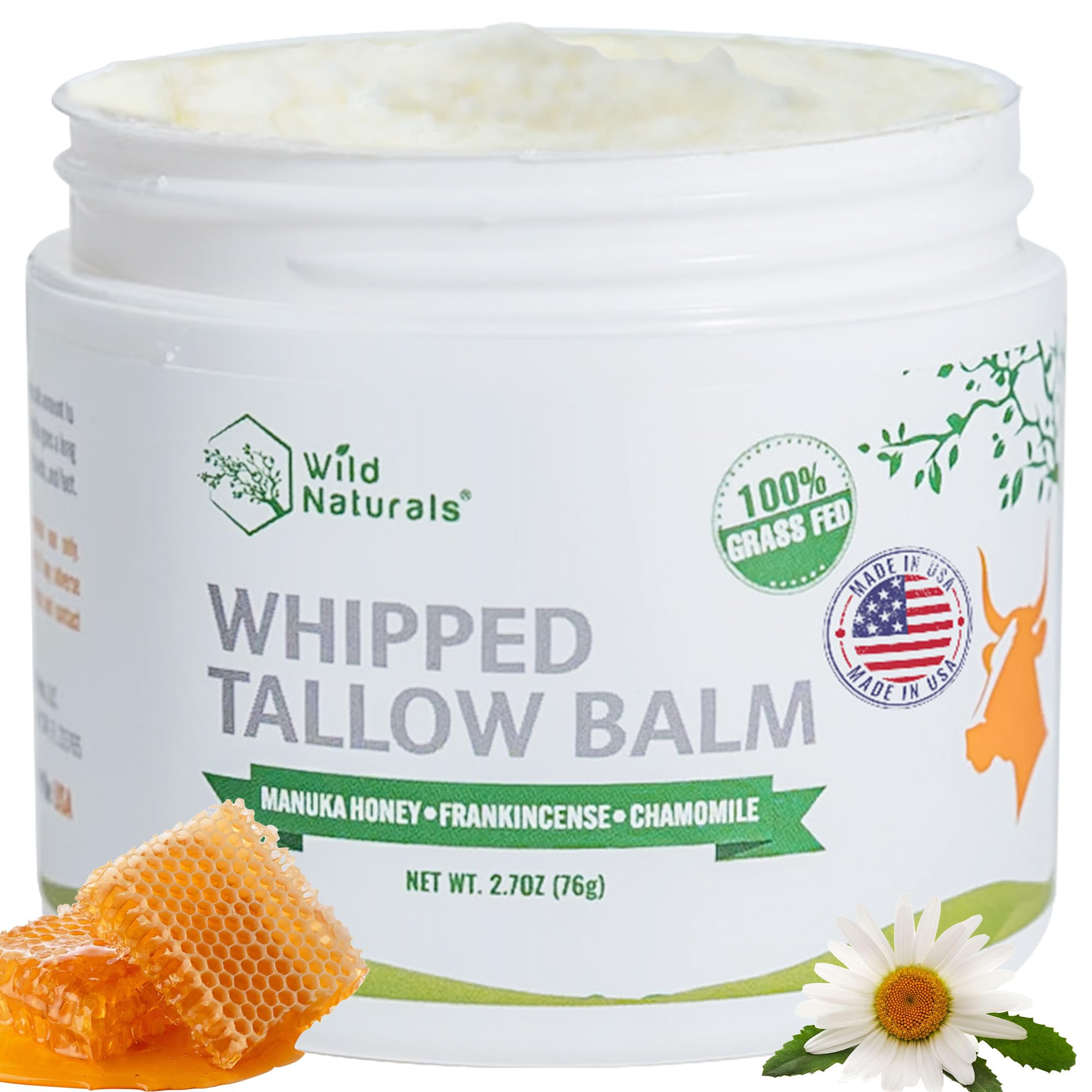 Wild Naturals Whipped Tallow Honey Balm, Grass-Fed Beef Tallow Balm for Skin with Manuka Honey & Shea Butter, Thick & Unscented for Dry, Sensitive, &