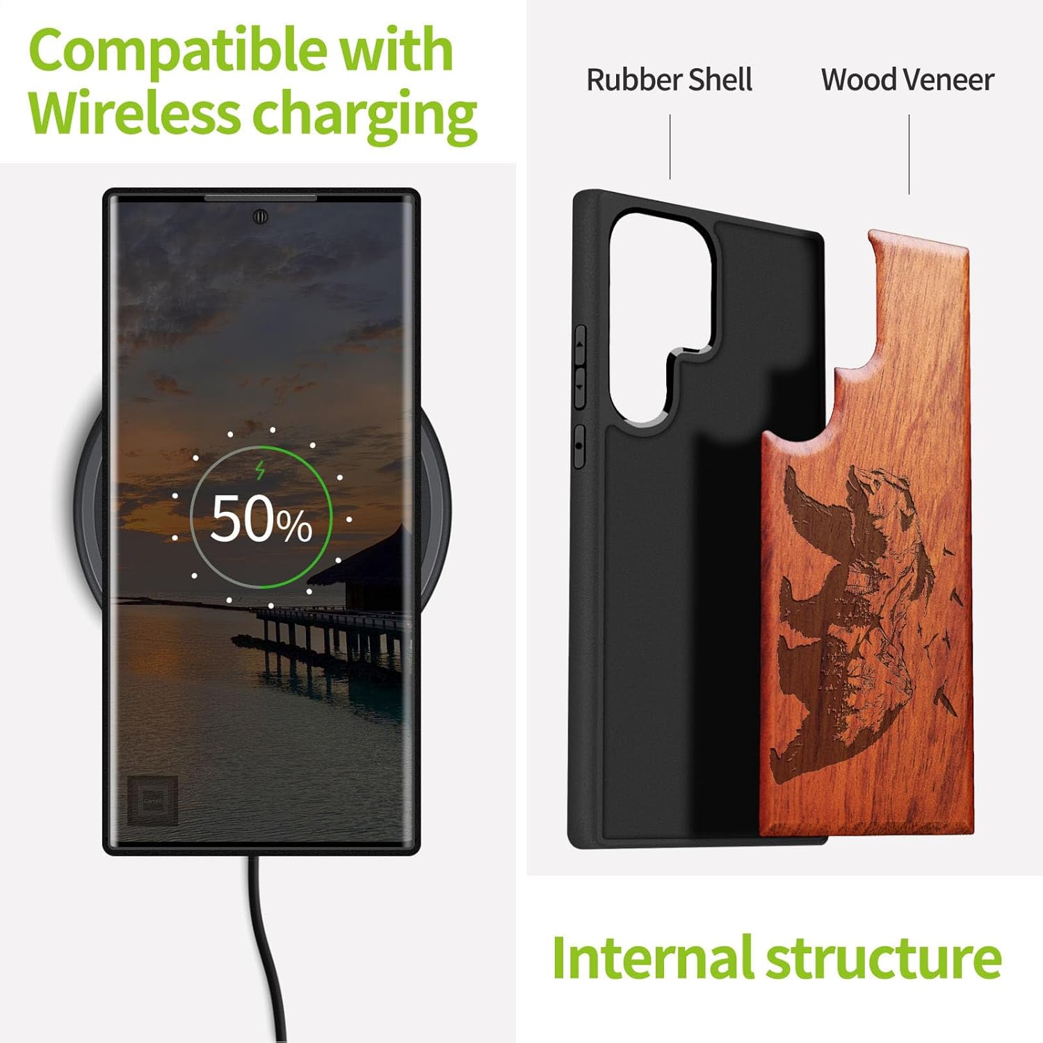 Carveit Wood Case for Galaxy S24 Ultra Case [Natural Wood & Black Soft TPU] Shockproof Protective Cover Unique Wooden Design Compatible with Samsung S24 Ultra (Bear and Valleys-Rosy)