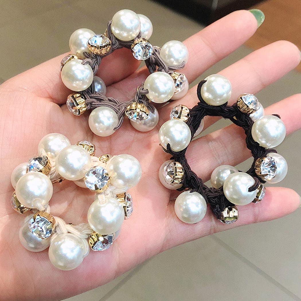 Runmi Hair Ties 3Pcs Hair Scrunchies Pearl Hair Bands Strong Elastic Hair Bobbles Ponytail Holders Hair Accessories for Women and Girls