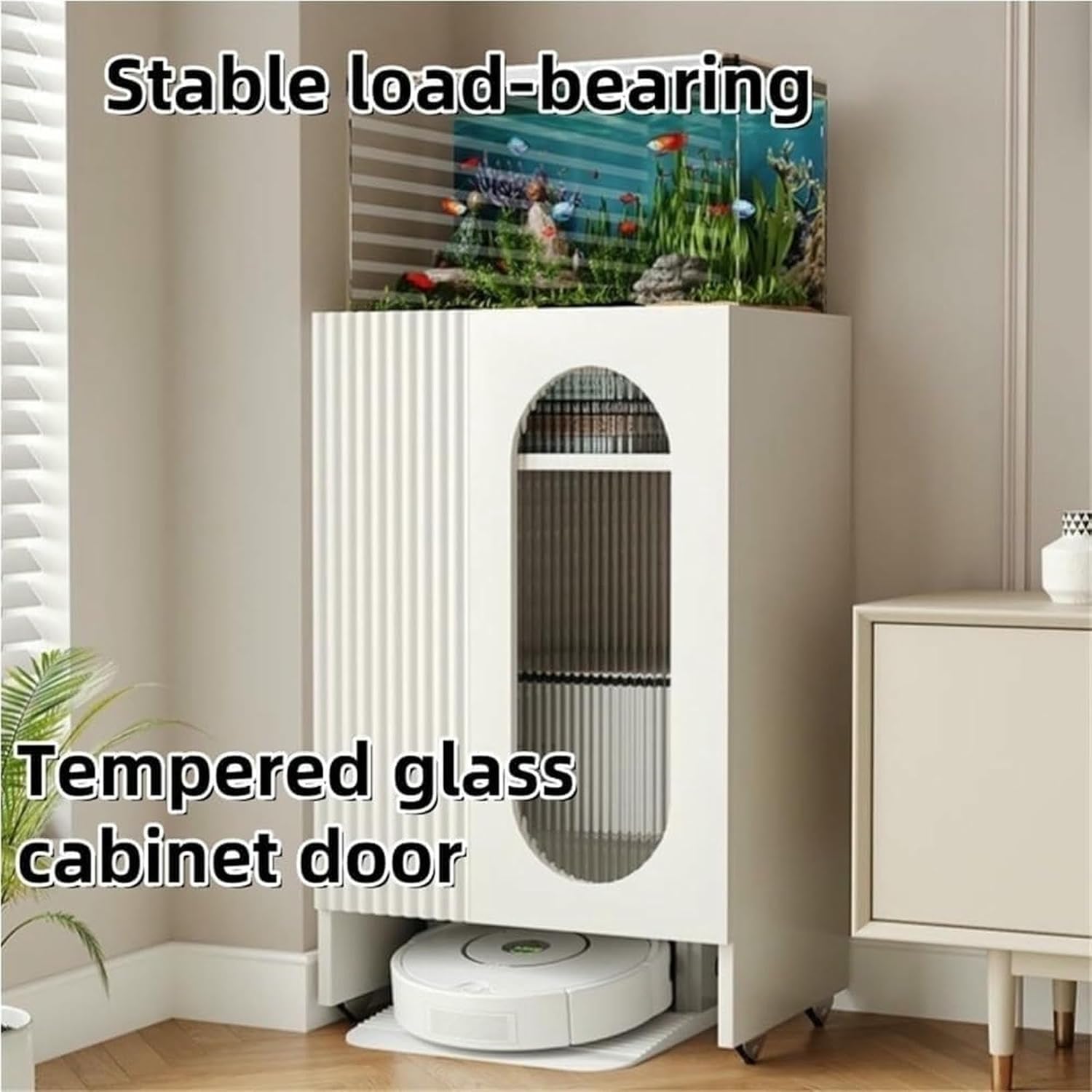 Sweeping Robot Storage Rack with Tempered Glass Door Mobile Vacuum Hidden Cabinet with Shelves for Living Room Office Space Saver