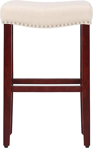 Miniatura 4 de WO Home Furniture Taburete de bar tapizado de 29 pulgadas en asiento de silla de montar sin espalda, taburete de mostrador con patas rojas cereza