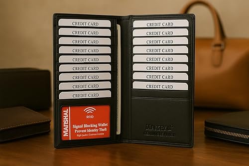 Miniatura 5 de Marshal Cartera de cuero bifold con bloqueo RFID para hombres y mujeres soporte de cuero genuino con 19 ranuras 2 compartimentos para billetes y