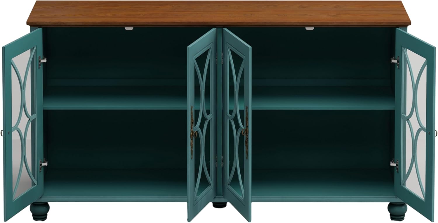 60 Inch Buffet Cabinet with Glass Doors, Modern Farmhouse Dining Room Sideboard, Entry Table with Storage and Adjustable Shelf, Credenza TV Stand for Living Room, Dark Green Cabinet