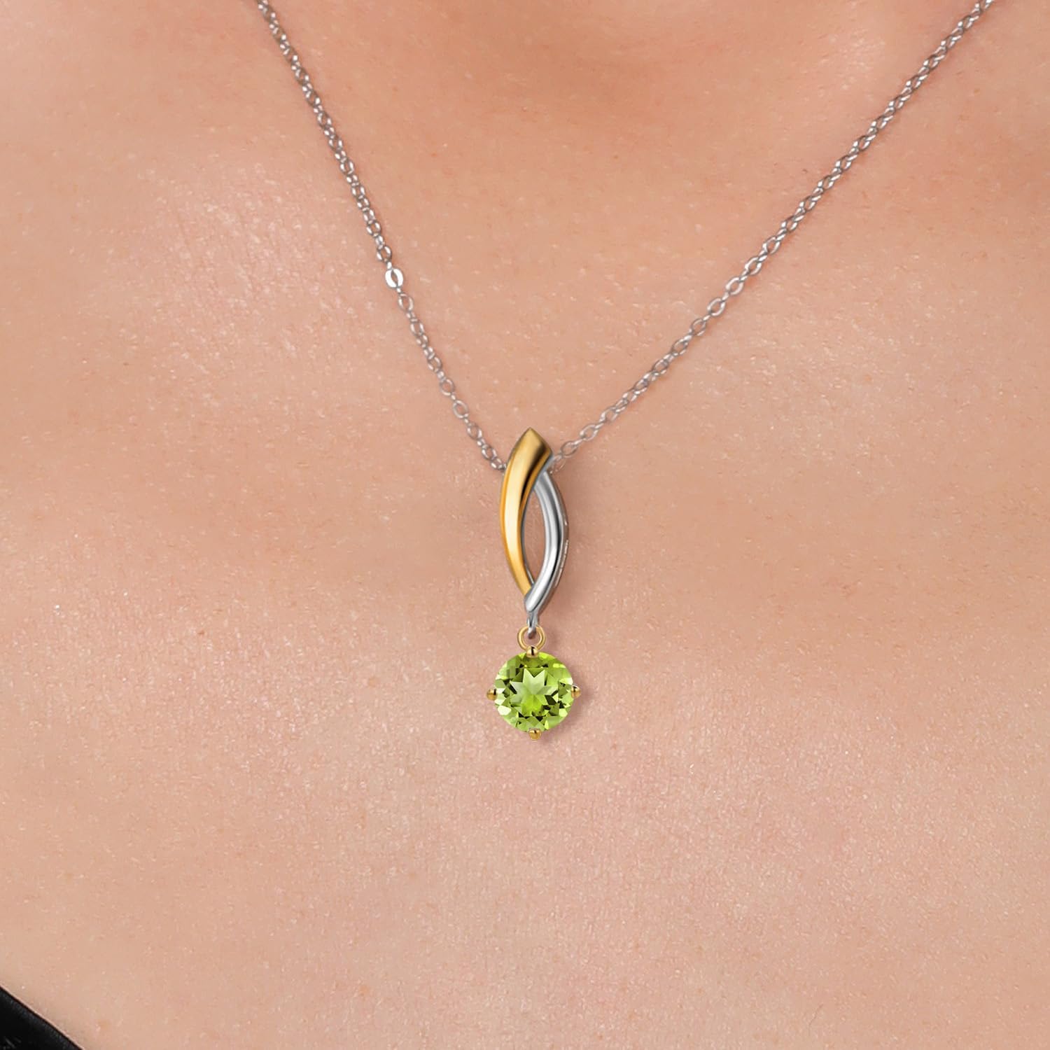 Gem Stone King 925 Silver and 10K Yellow Gold Green Peridot Pendant Necklace for Women | 0.45 Cttw | Gemstone August Birthstone | Round 4.5MM | With 18 Inch Silver Chain - Image 3