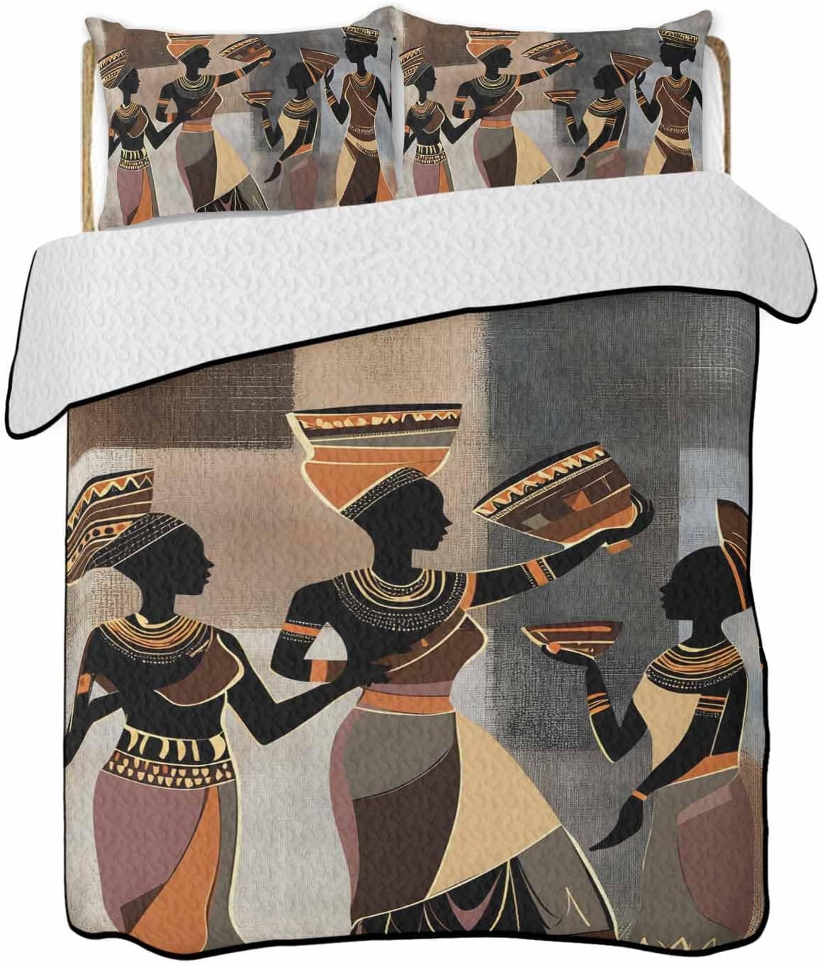 Black Brown Girls Boho Quilt King Size, Grey Vintage Ethnic Abstract Art Reversible Quilt Bedding Set with 2 Pillow Shams, Lightweight Soft Bedspread Coverlet Comforter Set for Bed Couch 96"x106"