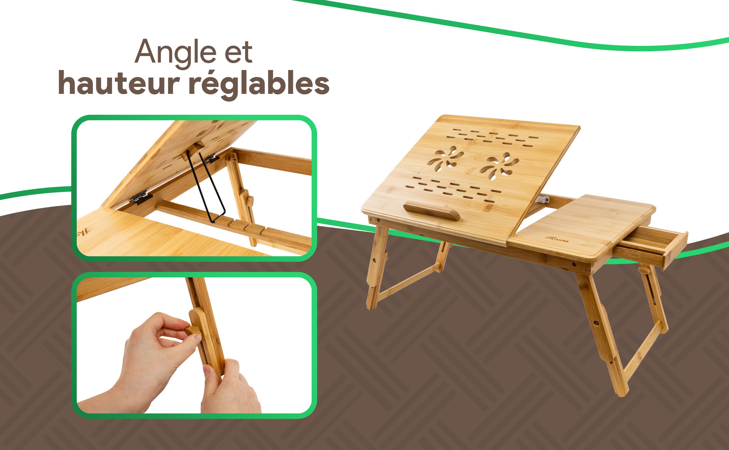 Table de Lit pour Ordinateur Portable – Bureau de Lit Réglable en Bambou avec Tiroir, Tapis de Souris et Organisateur de Câbles – Table PC Portable Pliable pour Lit et Canapé