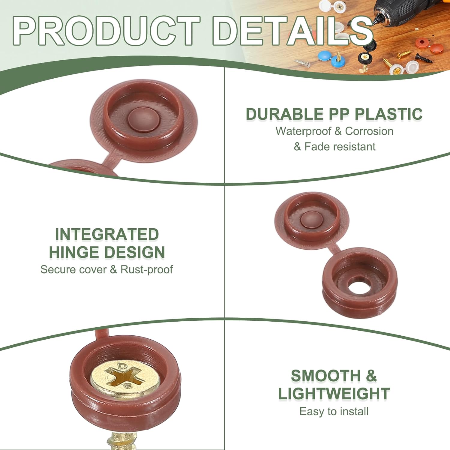 Screw Snap Covers, M4 Plastic Hinged Screw Cover Caps Shutter Screws Fold Snap Washer - Fitting for (Windows/Railings/Home Furniture/Cabinets), 4mm & 120 Pack & Dark Brown