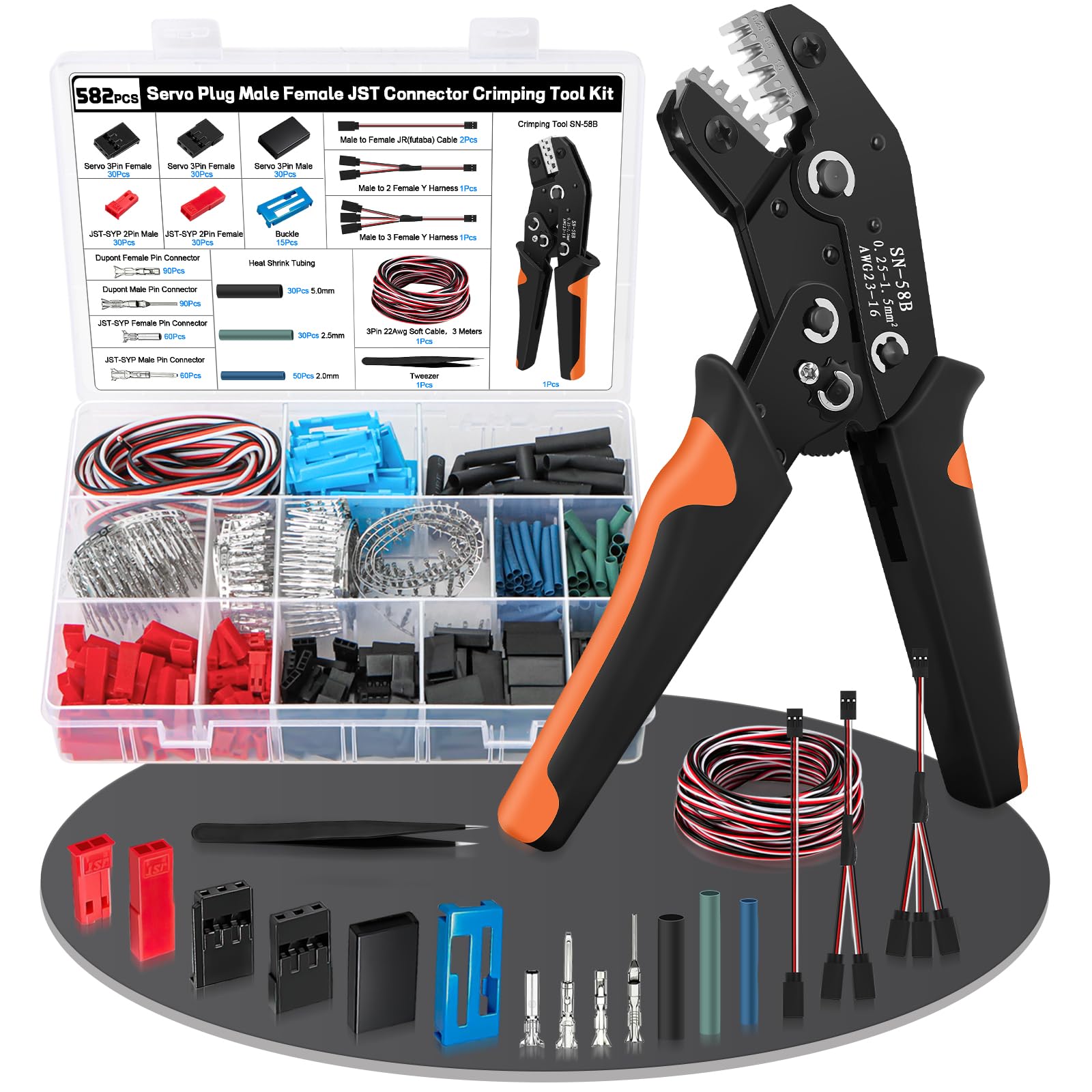 Crimpzange Servo-Stecker Kit, 577PCS 2/3 Pin JST-SYP/Servo Stecker mit 4 PCS RC Servokabel, Crimpzange Set für AWG 23-16 (0,25–1,5 mm²), Kompatibel mit JR JST SYP Futaba für Hitec Spektrum RC