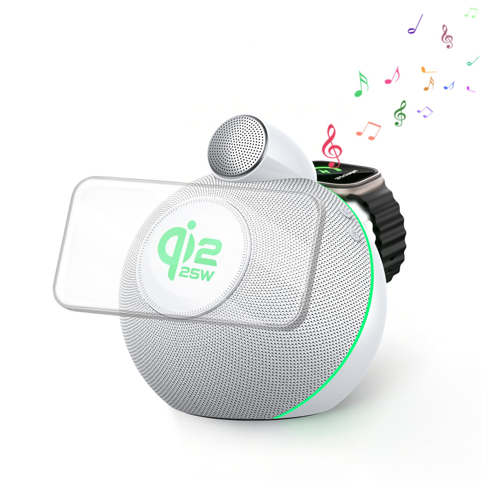Caricabatterie e supporto 4 in 1, certificato Qi2, 25 W, magnetico, wireless, con altoparlanti Bluetooth Hi-Fi e luci ambientali morbide, compatibile con iPhone 17/16/15, Apple Watch (bianco)
