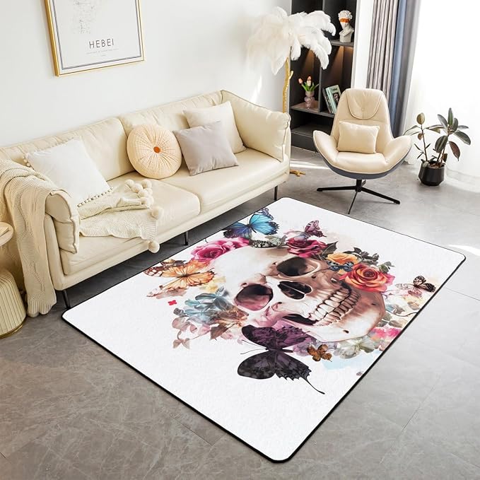 Feelyou Happy Halloween Area Rug 5x7 Sugar Skull Living Room Rugs for Kids Boys Girls Bedroom White Beige Orange Decor Carpet with Non-Slip Backing Floral Indoor Floor Mat Soft Polyester