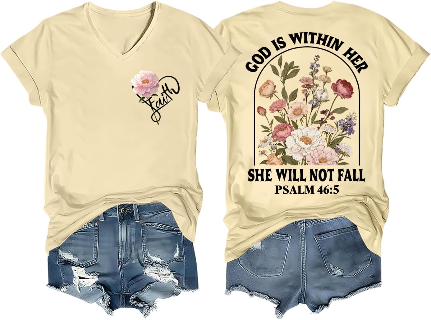 Christian Shirts for Women God is Within Her She Will Not Fall Shirt Faith Floral Bible Verse Graphic Tee