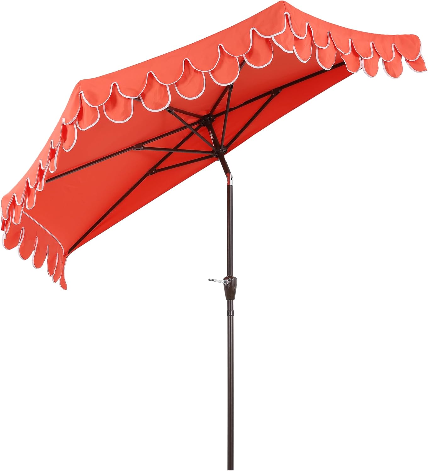 JONATHAN Y Terrace Scalloped 9 ft. Coral Red/White Half Round Patio Umbrella with Crank Lift and Tilt, Coastal Semicircle Market Wall Umbrella for Balcony, Dark Brown Pole UMB1202A
