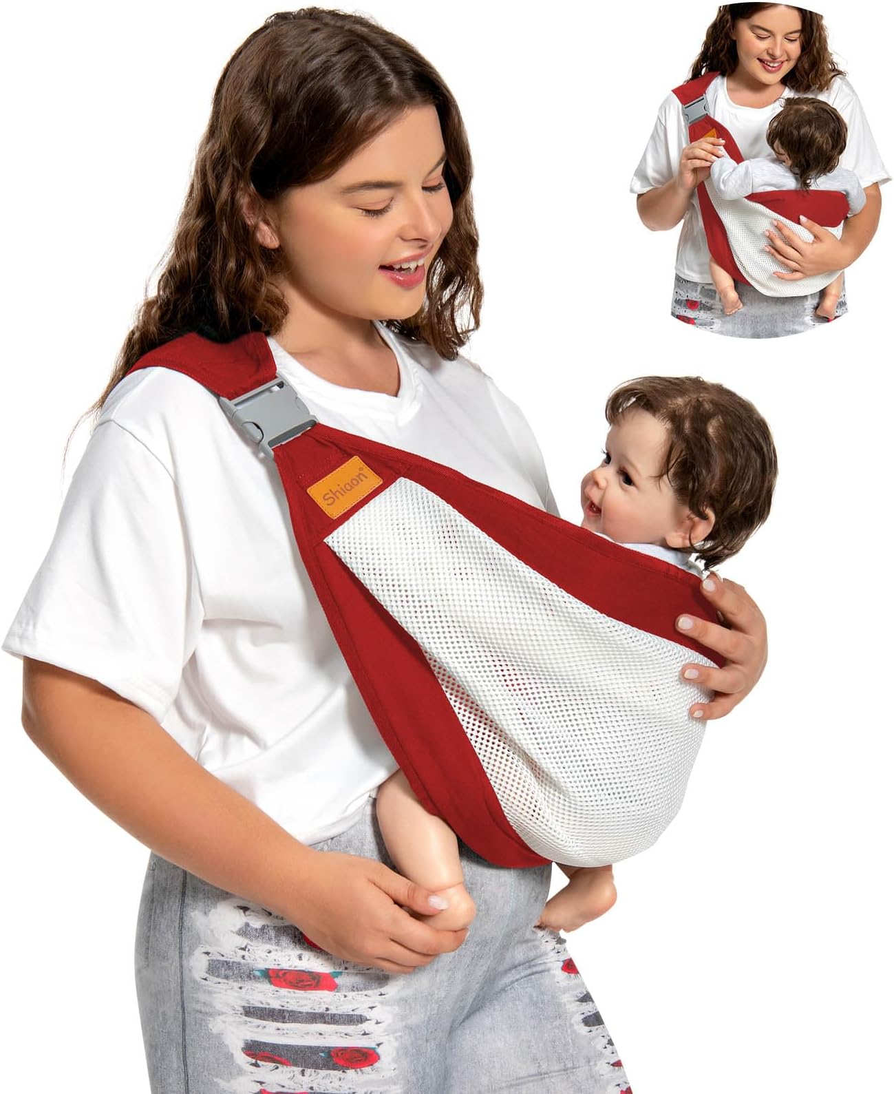 Baby Sling Carrier, Baby Carrier Newborn to Toddler(7-45lbs), Toddler Carrier with Safety Buckle, One Shoulder Adjustable Shoulder Strap, One Size Fits All, Mesh Red
