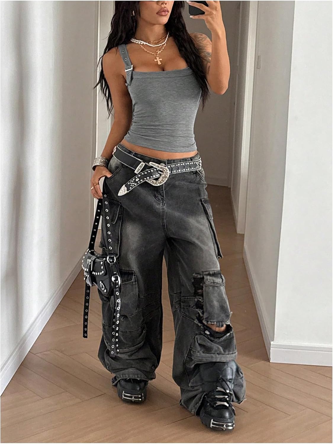 SOLY HUX Women's Y2k Tank Top Buckle Scoop Neck Sleeveless Ribbed Fitted Going Out Tops Streetwear Festival Outfits
