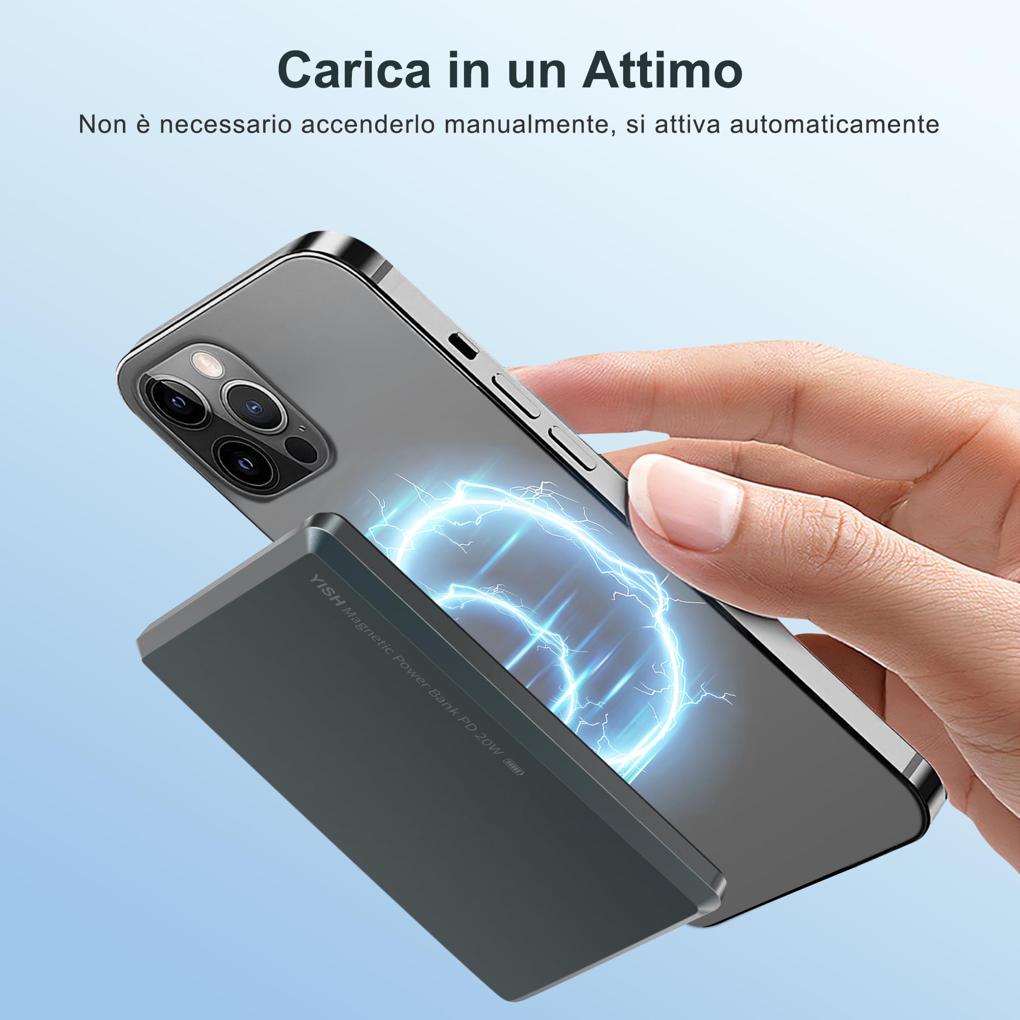 YISH Wireless Mag-Safe Power Bank: 5000mAh Ultra-slim Magnetico Powerbank, Caricatore Portatile Ricarica Rapida USB C PD 20W, Magnetica Battery Pack Compatibile con iPhone 16/15/14/13/12 Pro/Pro Max
