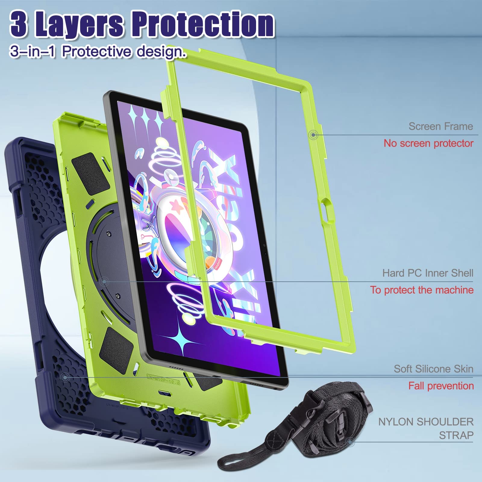 Custodia per Tablet PC Custodia in TPU antiurto Compatible with impieghi gravosi compatibile con Lenovo Tab M10 Plus 2022 10.6" TB-125F/128F, tracolla con impugnatura rotante, copertura protettiva ant