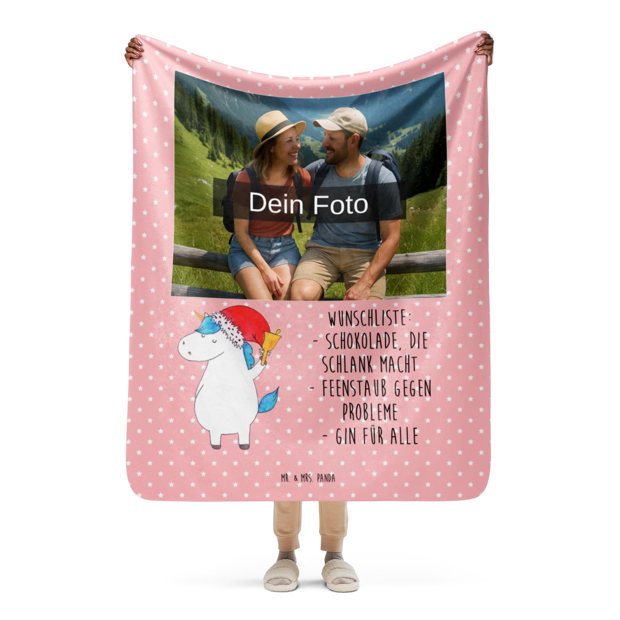 Mr. & Mrs. Panda Sherpa Foto Kuscheldecke Einhorn Weihnachtsmann 130 x 155 cm - Geschenk, Unicorn, Einhörner, Nikolaus, Weihnachten, Gin, Schokolade