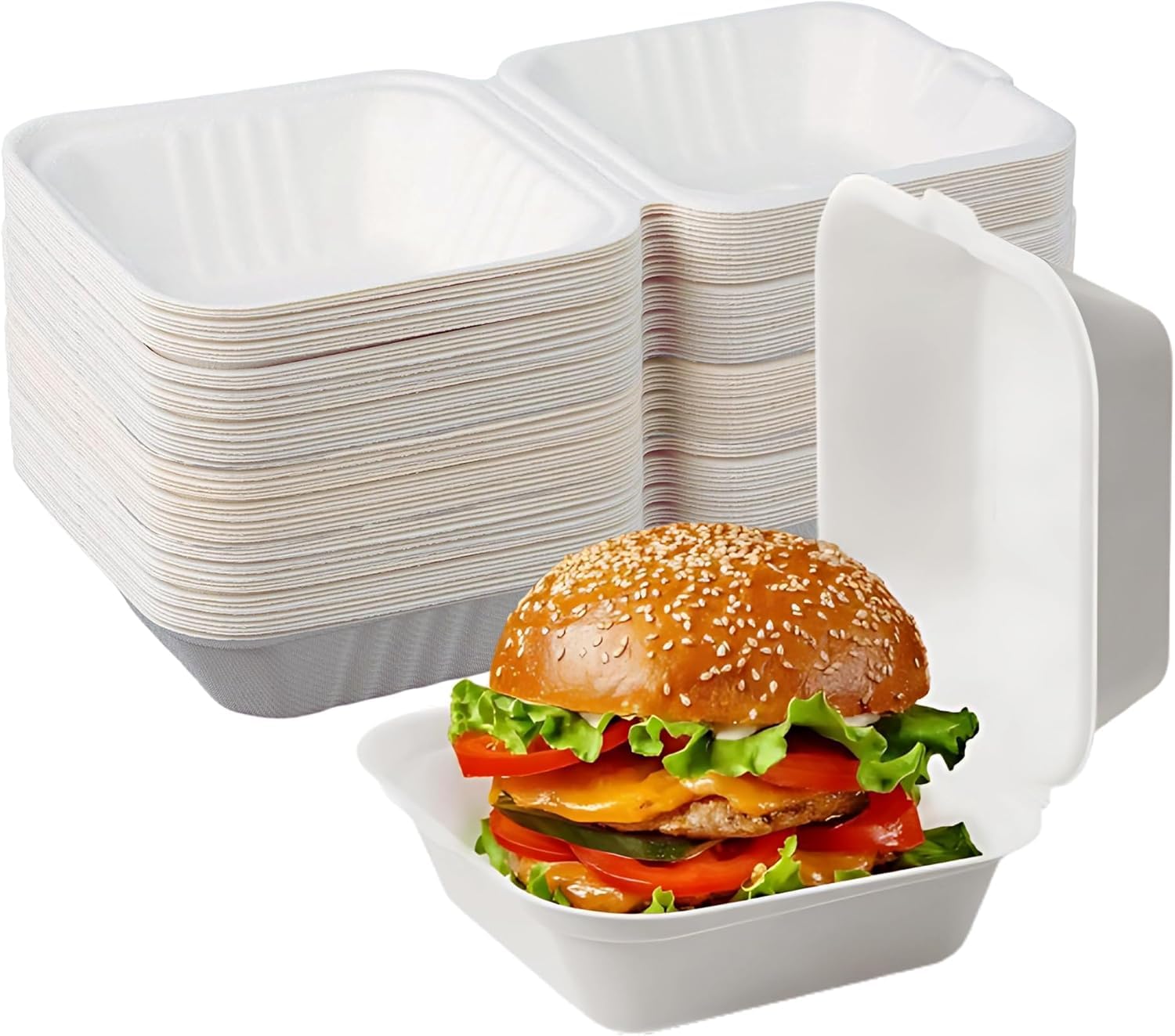 Venuscello® 1000 x Strong Disposable Bagasse Burger Box 6" x 6"Heavy Duty Bagasse Biodegradable Burger Box White Eco-Friendly & Compostable