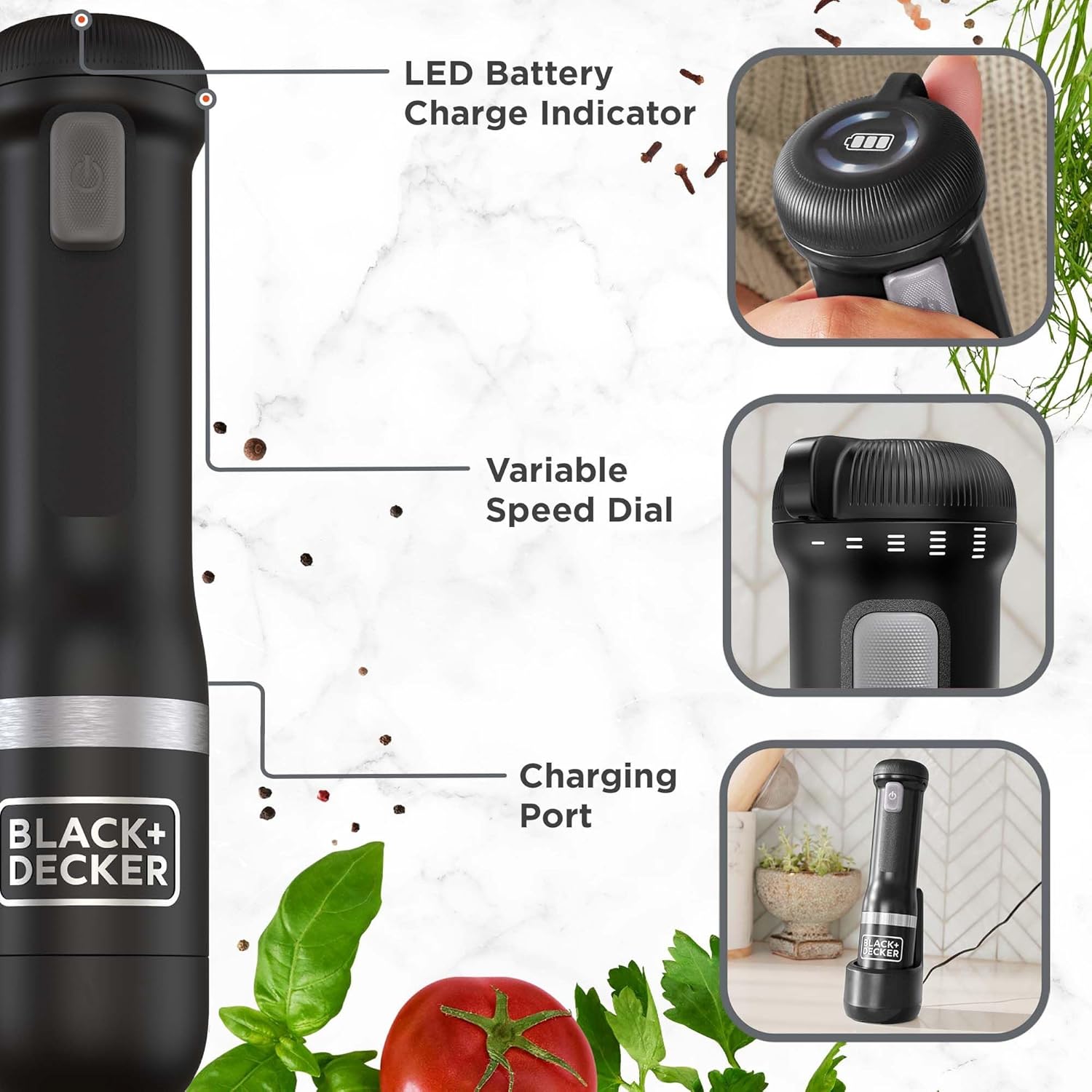 BLACK+DECKER Kitchen Wand Cordless Immersion Blender, 3 in 1 Multi Tool Set, Hand Blender with Charging Dock, Whisk and Food Chopper, Black (BCKM1013K10)