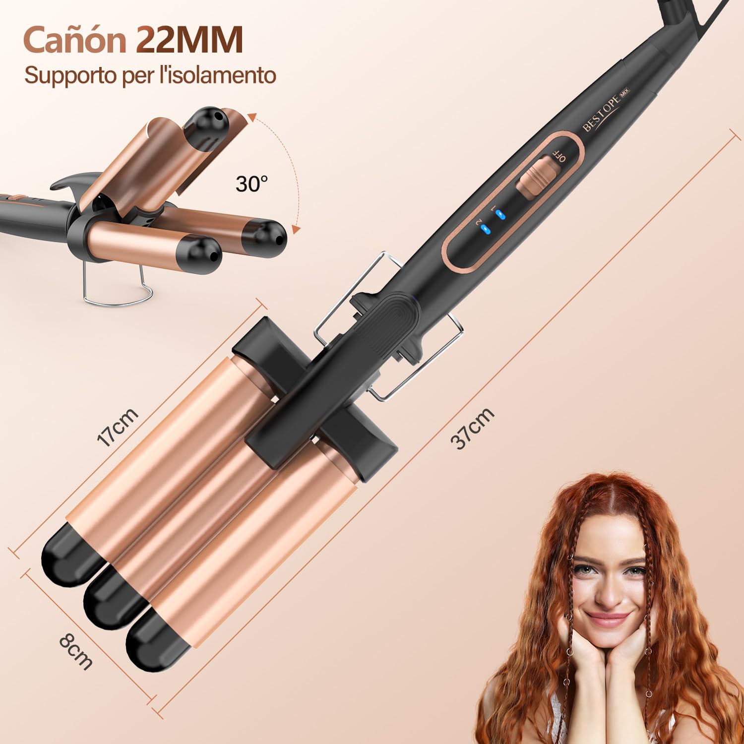 Piastra Onde per Capelli Ferro Arricciacapelli 22mm - BESTOPE MIX Ferro Arricciacapelli 3 Tubi Piastra Capelli Onde Ceramica Calore Rapido 150°C/210°C Ferro per Capelli Onde per Capelli Lunghi e Corti