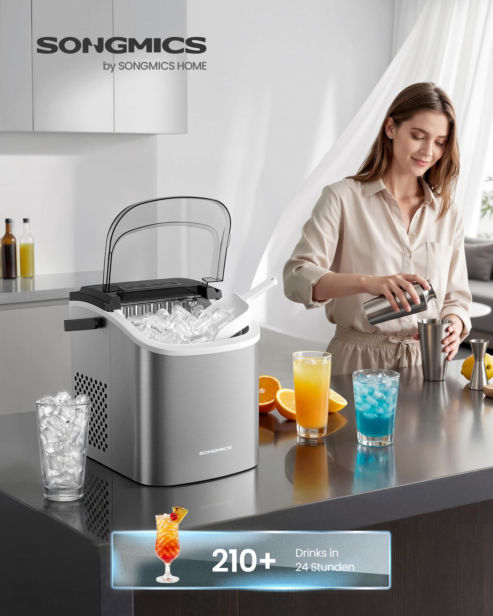 SONGMICS Eiswürfelmaschine, Eiswürfelbereiter, Eismaschine mit Selbstreinigung, in 6 Minuten 9 Würfel in 2 Größen, 12 kg in 24 Stunden, tragbar, Küche, WG, Party, Camping, Silbergrau XZB001E1EU - 2