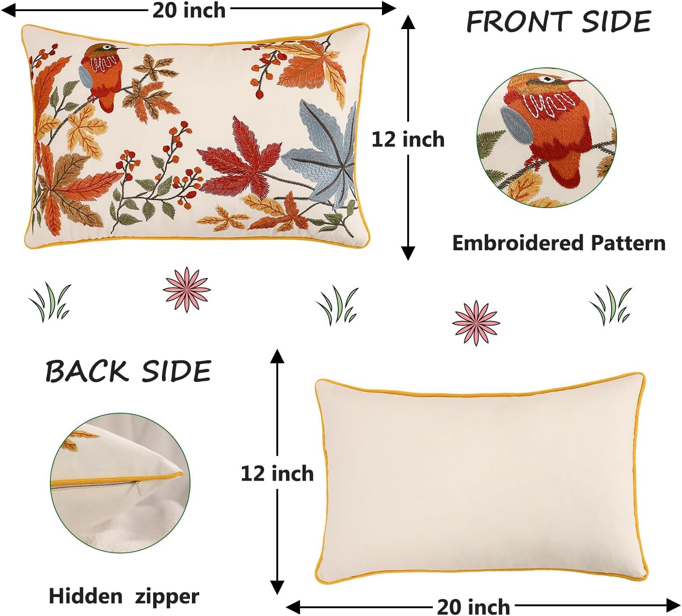 Embroidered Pillow Covers 12x20 Pack of 2 Vintage Birds with Maple Leaves Farmhouse Throw Pillow Covers Spring Summer Decorative Pillowcases Lumbar Floral Pillow Case Home Decor