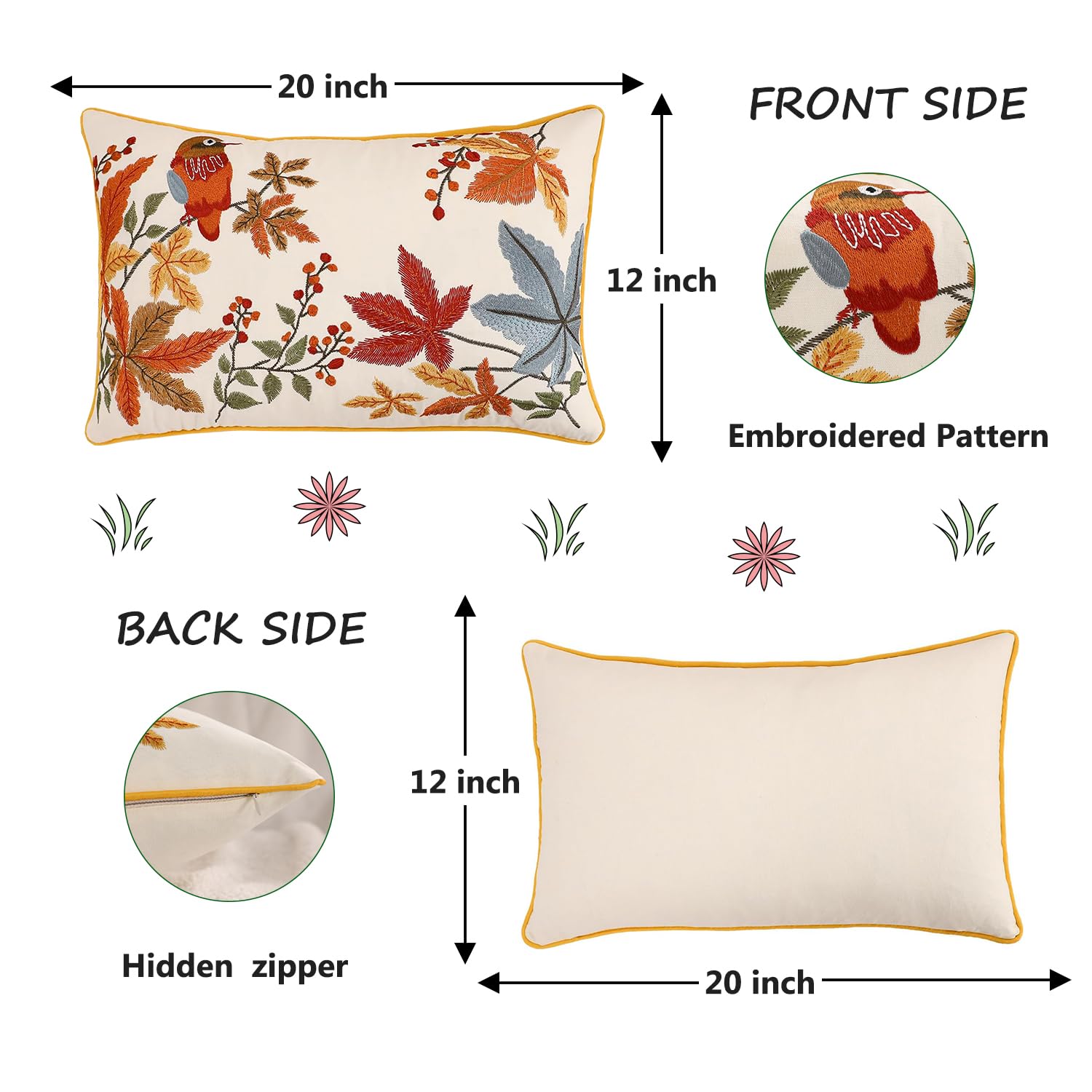 Tosleo Throw Pillow Covers Flower Embroidery 12 x 20 inch Spring Summer Cushion Cover Pillowcase Floral Set of 2 Maple Leaves Bird Decorative for Garden Sofa Living Room Bed Couch Car Gift Home Deco - Image 4