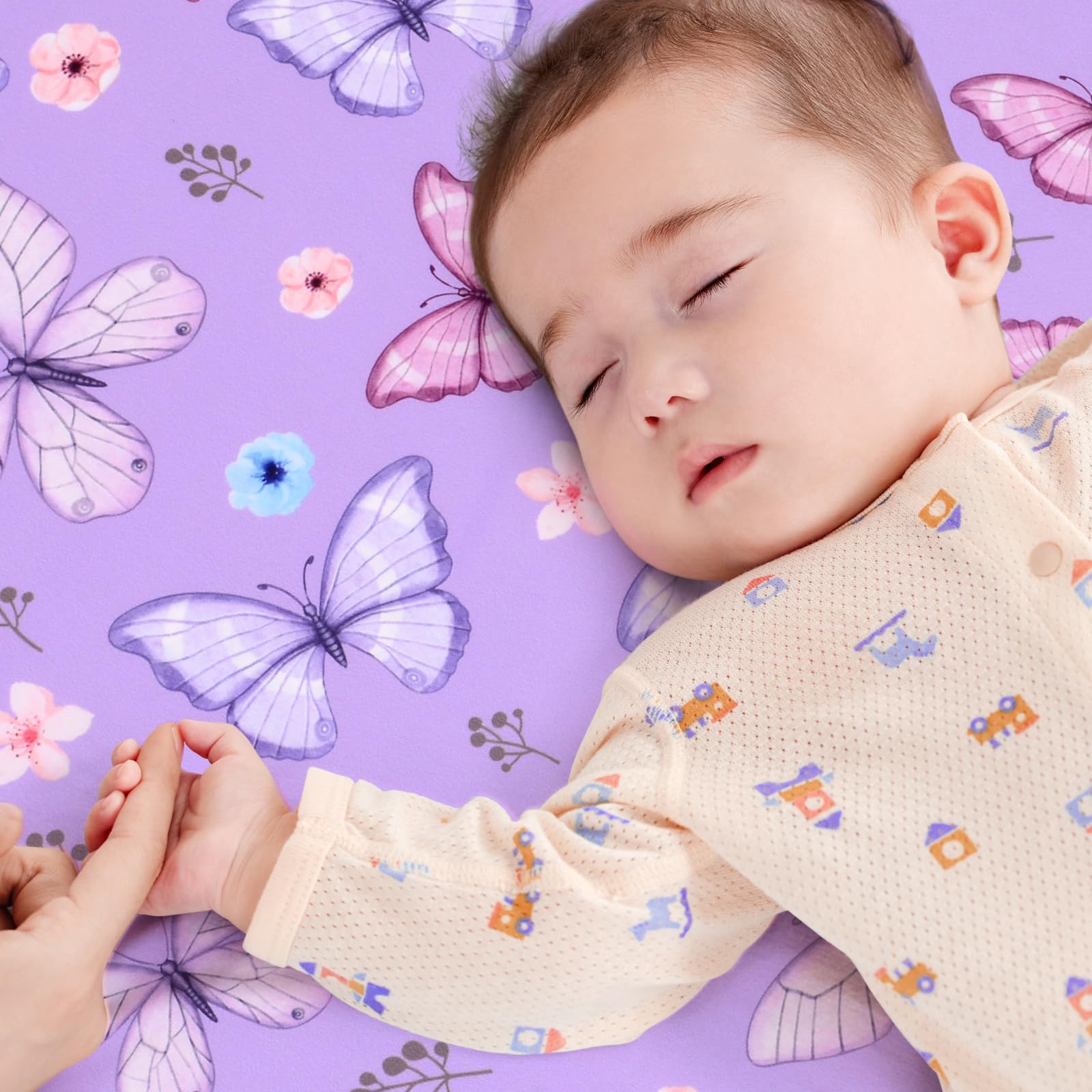 JISEN Baby Crib Sheets - Soft Breathable Butterfly Fitted Sheets for Baby Bed - Boys and Girls 60x120cm to 70x132cm Purple - Image 2