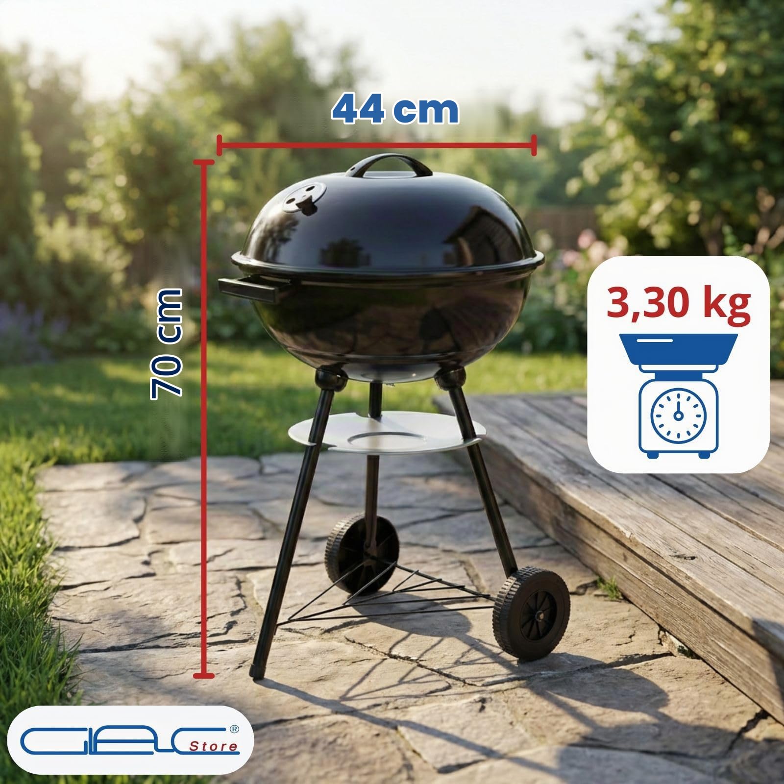 Barbecue a Sfera con Coperchio, Grill a Carbonella da Esterno, Ø 44 cm, 70 cm Altezza, con Ruote e Raccoglicenere, Nero