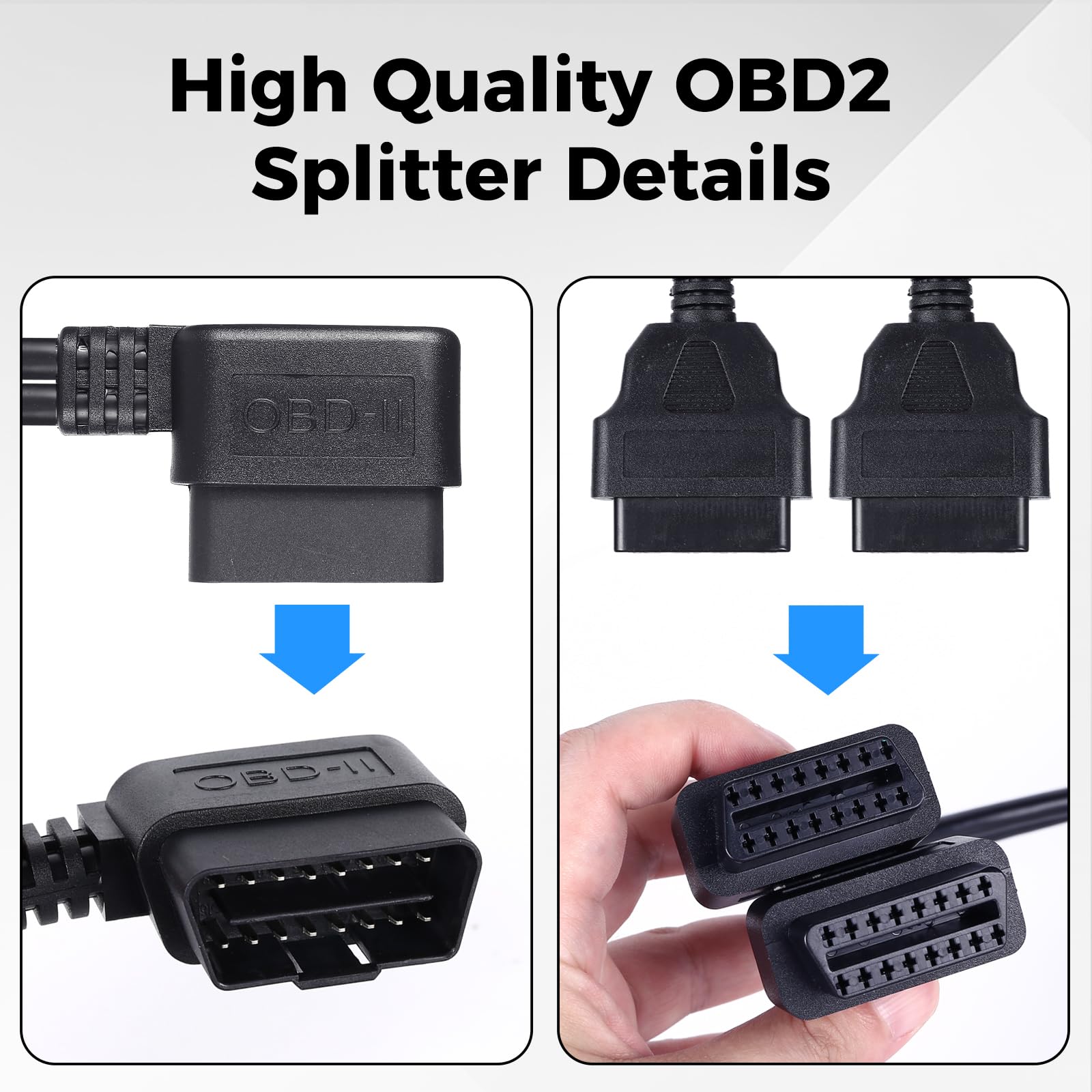 Divisor OBD2 de ángulo recto, cable de extensión en Y de 16 pines, 1 macho a 2 hembra, adaptador de cable extensor de 1 pie 24 AWG, accesorios automotrices universales para todos los vehículos OBD2