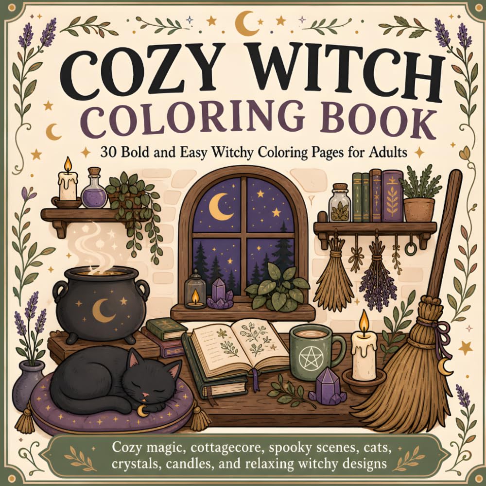 Cozy Witch Coloring Book: 30 Bold and Easy Witchy Coloring Pages for Adults with Cozy Magic, Cottagecore, Spooky Scenes, Cats, Crystals, Candles, and Relaxing Witchy Designs