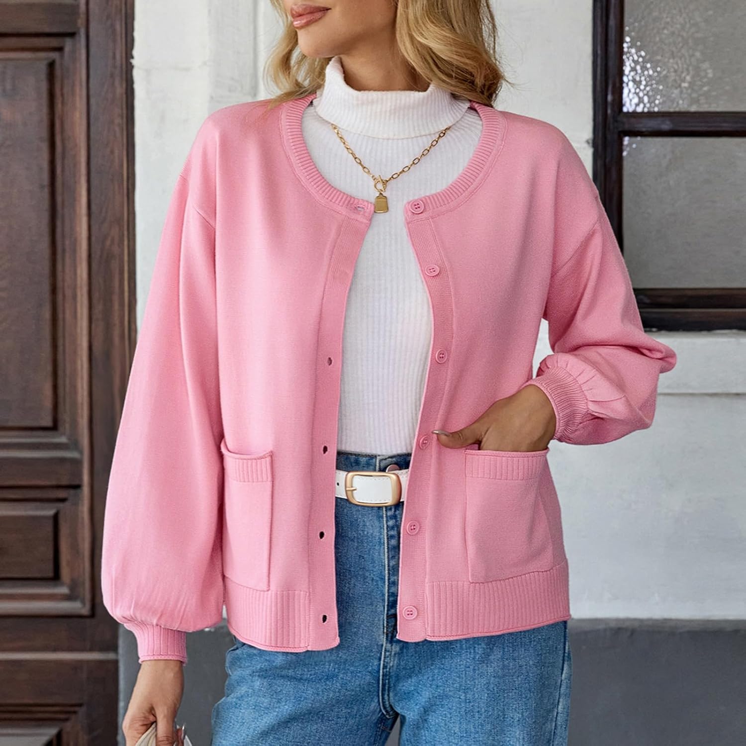 Women's Puff Long Sleeve Cardigan Sweater Round Neck Open Front Button Ribbed Knit Fall Casual Loose Fit Top with Pockets - Image 7