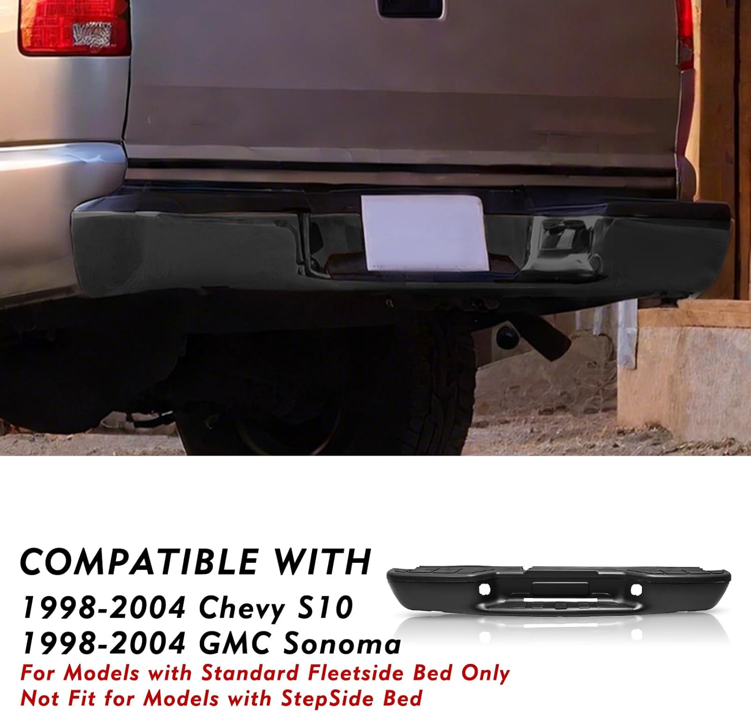 Rear Bumper Replacement for 1998-2004 Chevy S10 / GMC Sonoma Fleetside Models Complete Back Bumpers Black GM1101103