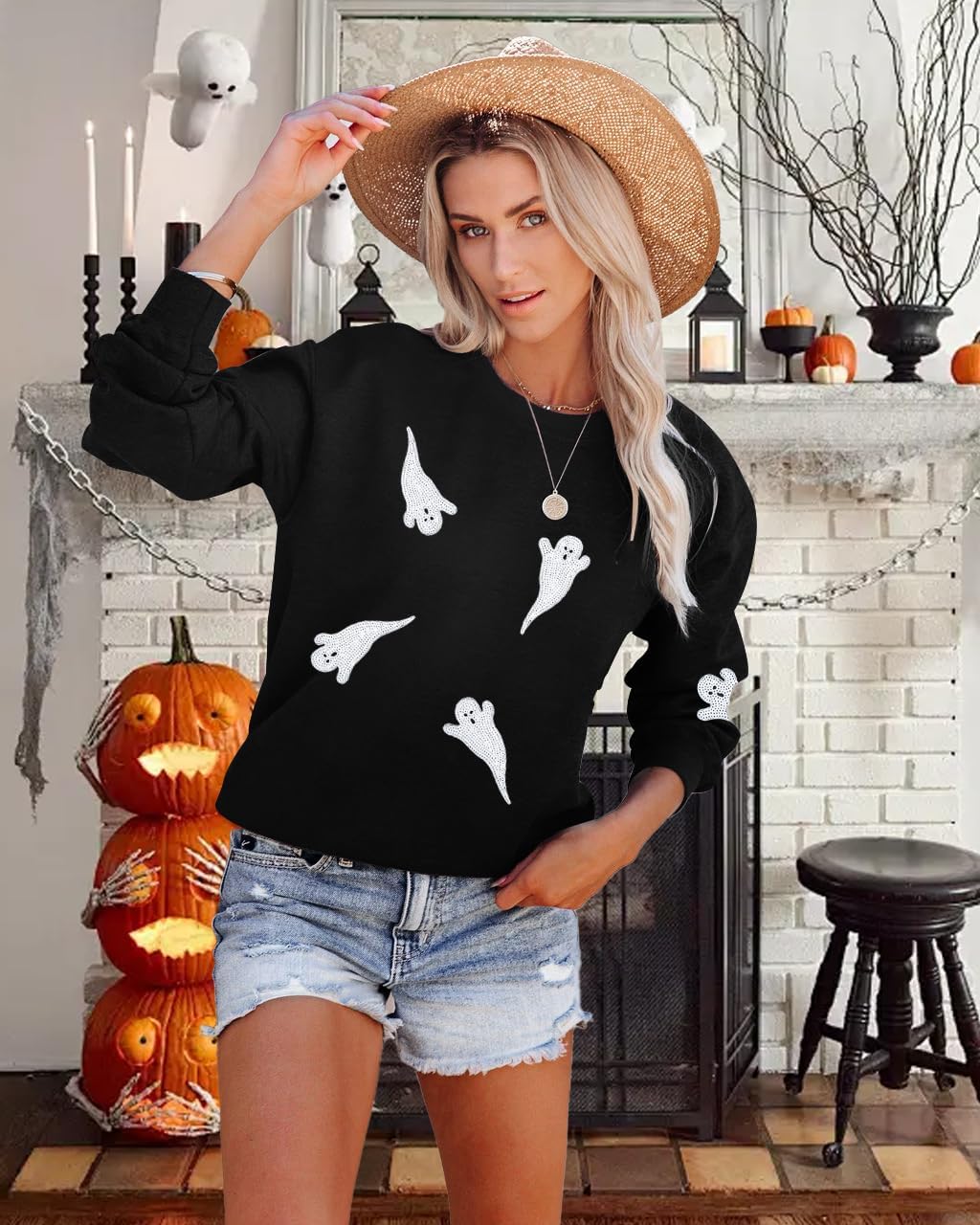 KIDDAD Halloween Boo Sweatshirts Women Ghost Sequin Pullover Tops Funny Spooky Season Long Sleeve Shirt Casual Sparkle Top - Image 4