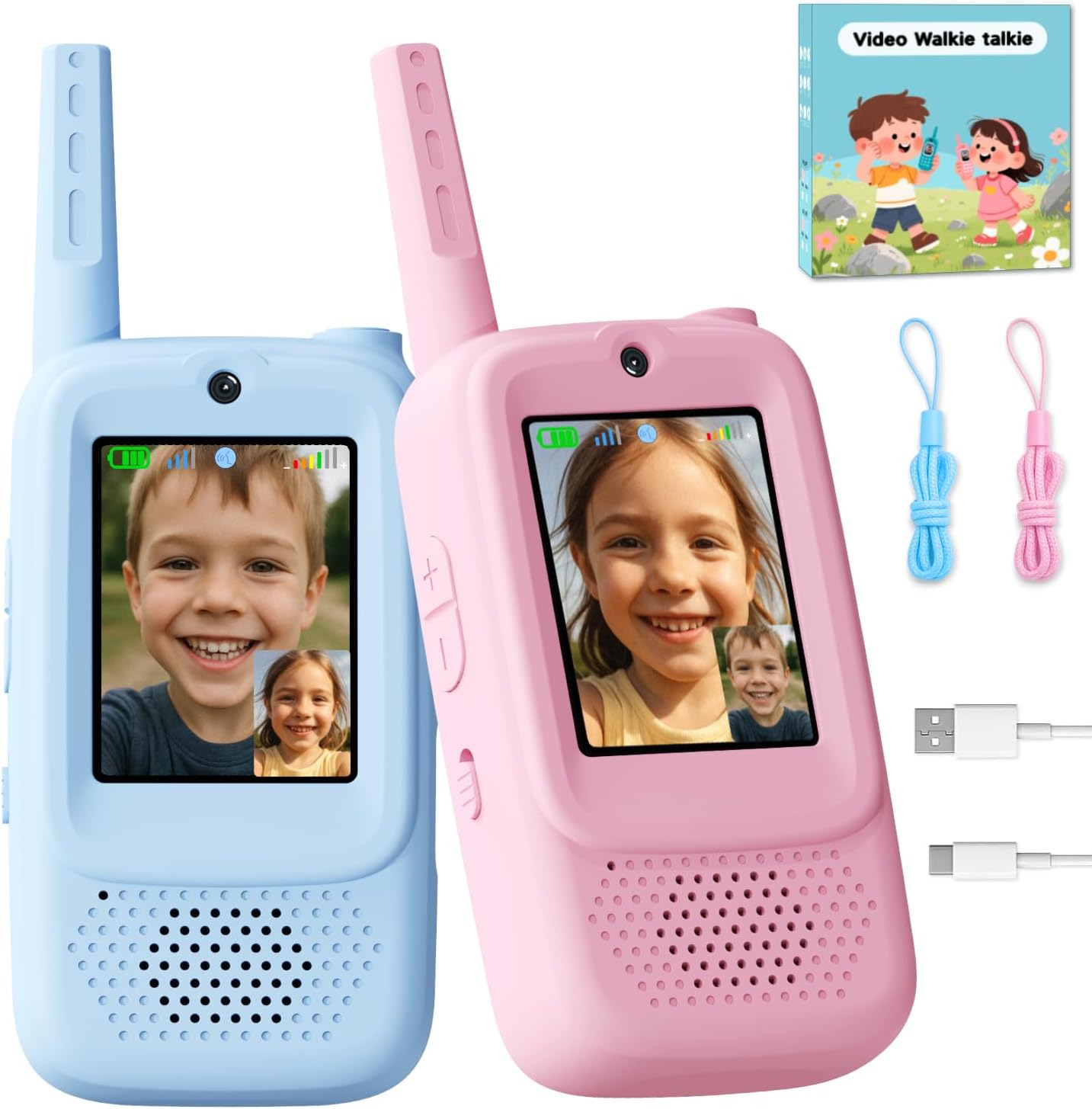Video Walkie Talkies for Kids, Handheld 2 Pack Rechargeable Video Walkies Talkies, Indoor Outdoor Toys Christmas Birthday Gifts for Age 3-12 Year Old Girls Boys (Blue & Pink)