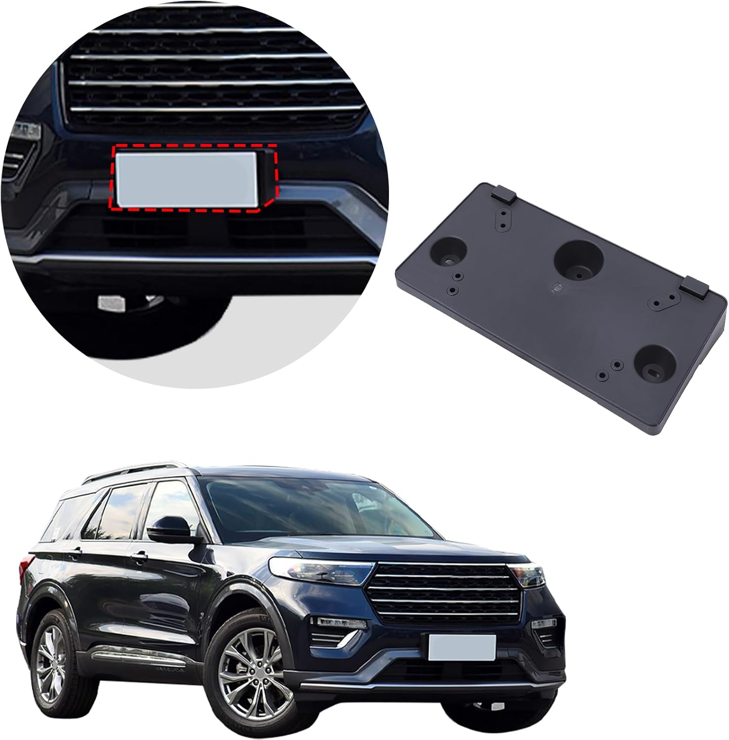 Car Front License Plate Mounting Bracket Compatible with Ford Explorer 2020-2024，Front Bumper Tow Hook License Plate Mount Bracket Tag Holder Mounting Mount Adapter Kit OE:FO1068182/LB5Z17A385AA